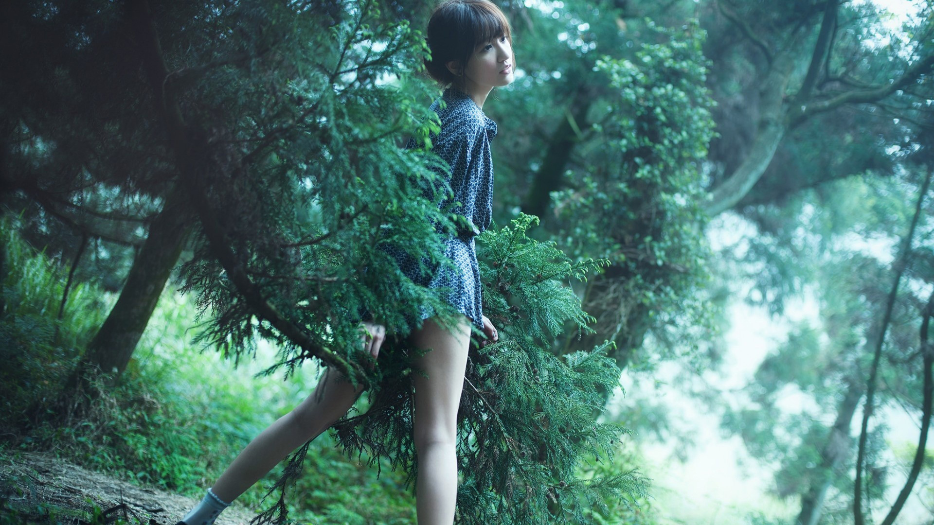 美女自然写真，绿色森林中的心情桌面壁纸，免费下载