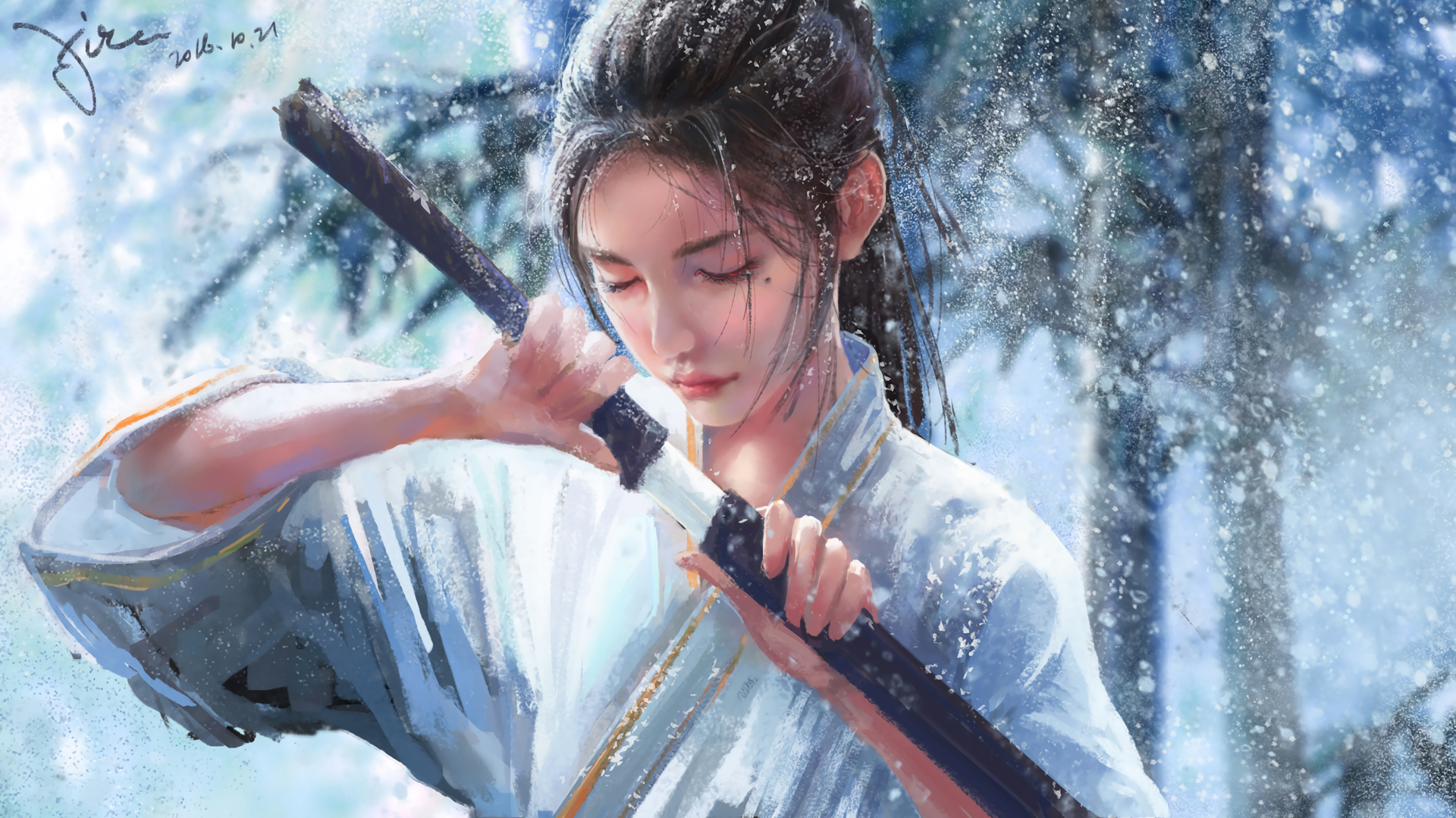 雪竹 雪景 女生 黑发 单马尾 宝剑 2k动漫壁纸
