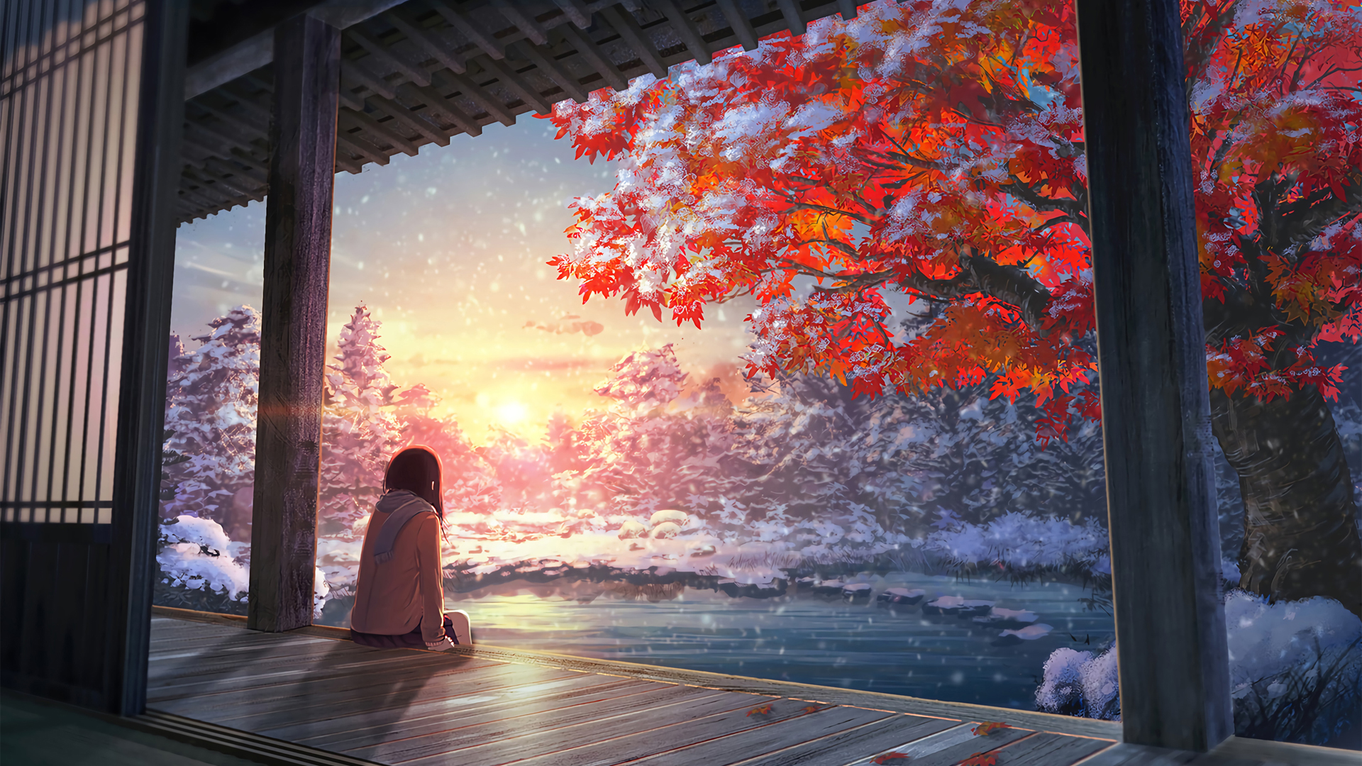 冬日女孩与围巾，外廊夕阳下的唯美动漫风景壁纸，免费下载电脑壁纸