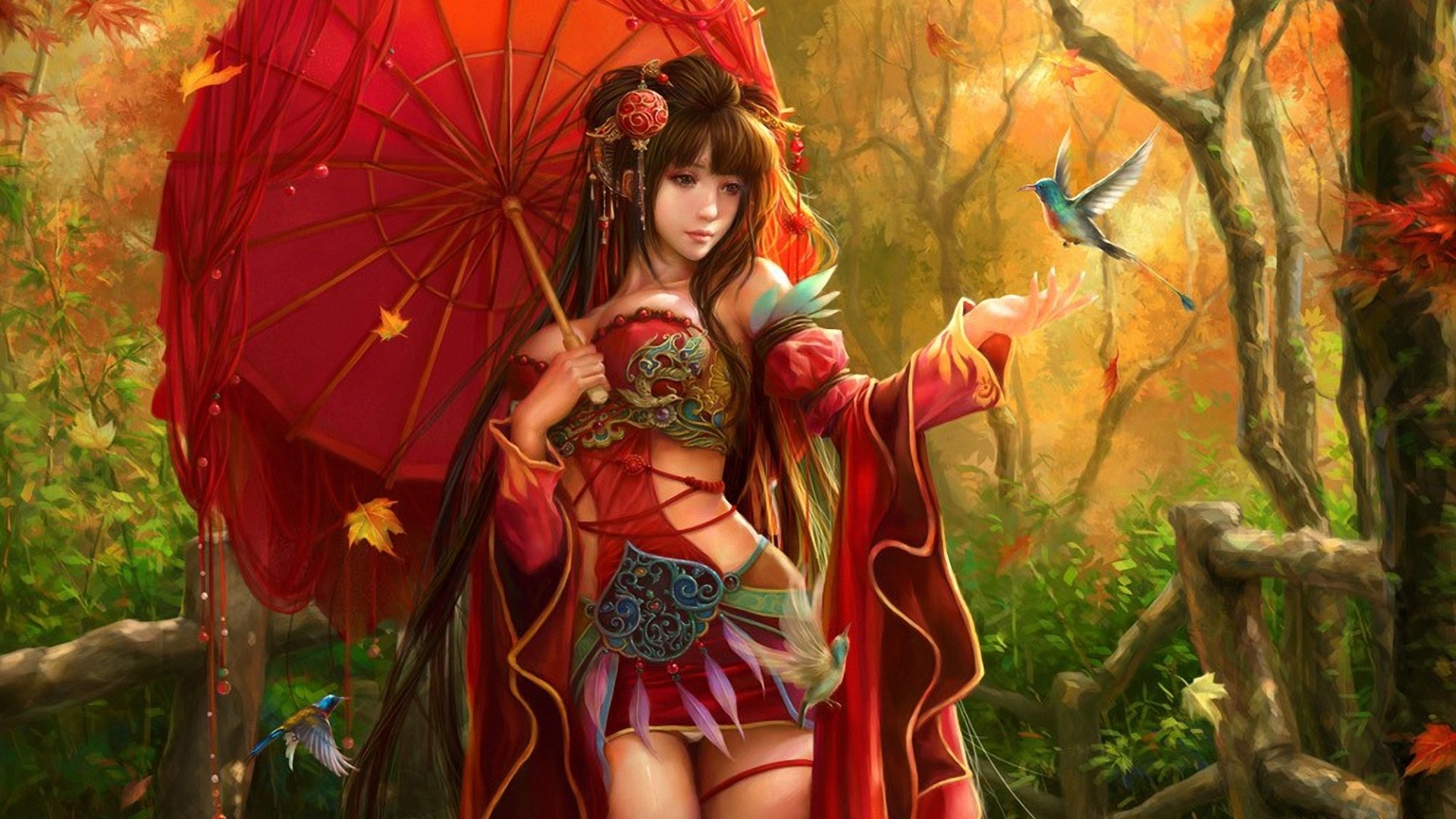 女孩，伞，树林，枝叶，鸟儿，绘画，唯美壁纸