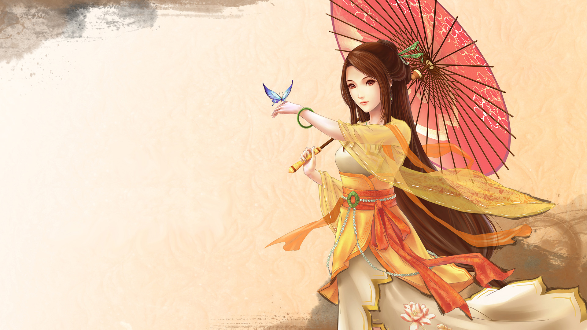 中国风美女撑伞壁纸，长发飘逸，宽屏高清，唯美免费下载
