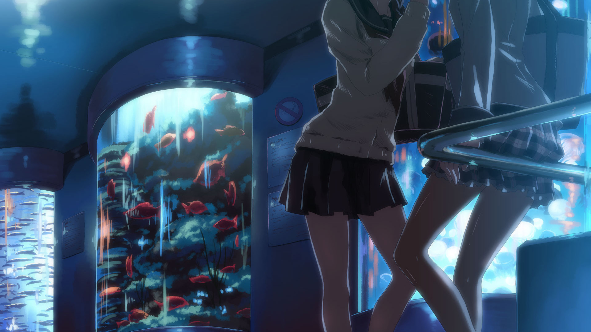动漫女孩美腿惊艳亮相，水族馆风情桌面壁纸免费下载！