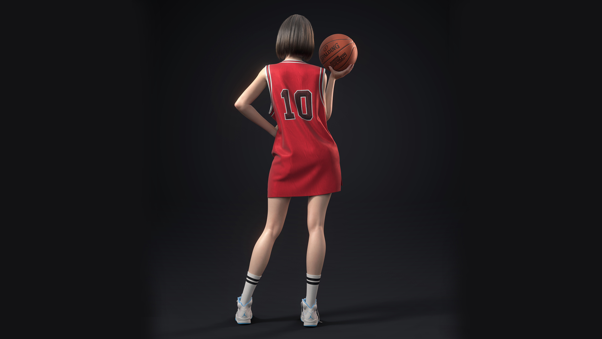 灌篮高手动漫壁纸，卢静赤木晴子3D美女背影，红色球服篮球风采，免费下载高清电脑壁纸