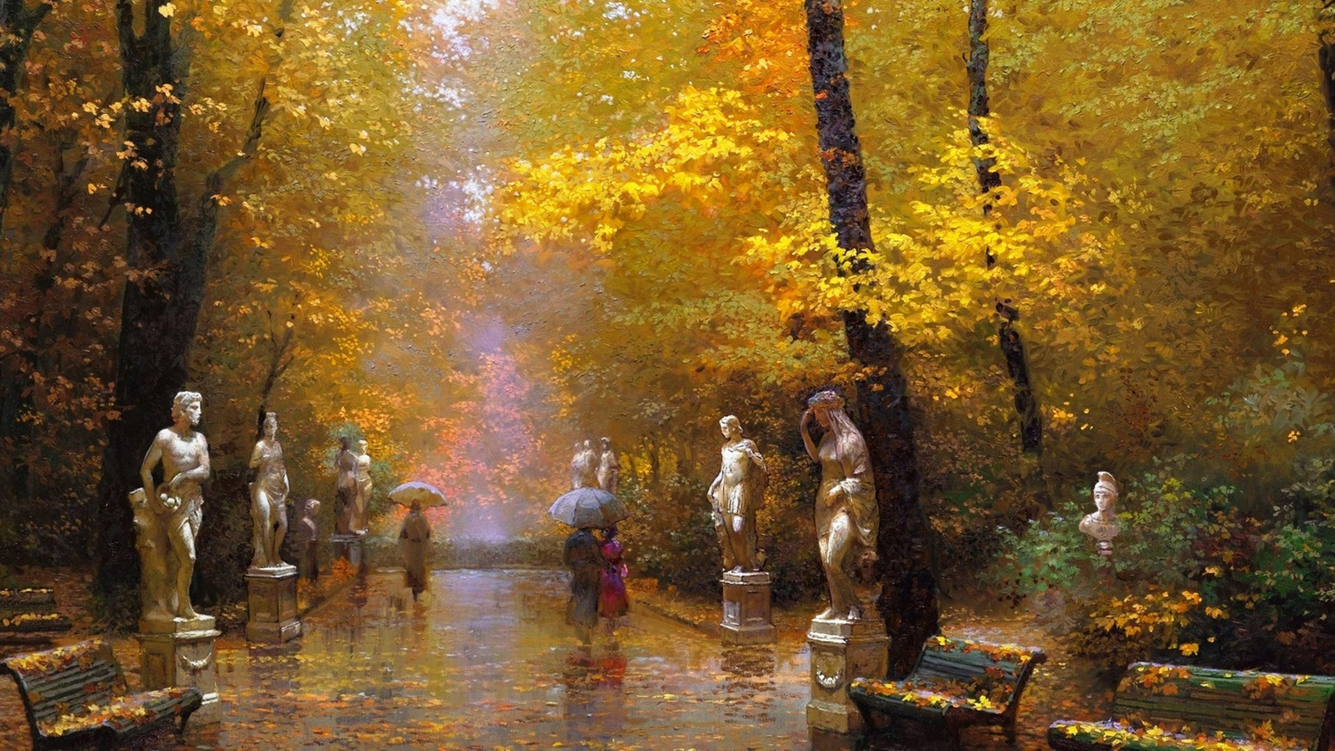 公园，雕塑，长椅，路径，恋人，雨伞，绘画，风景桌面壁纸