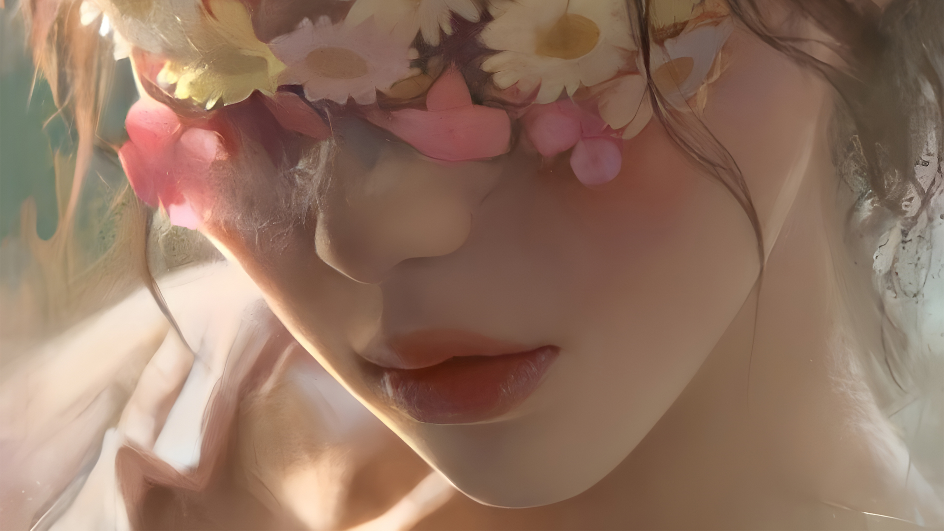 女孩鲜花映脸庞，唯美动漫壁纸免费下载
