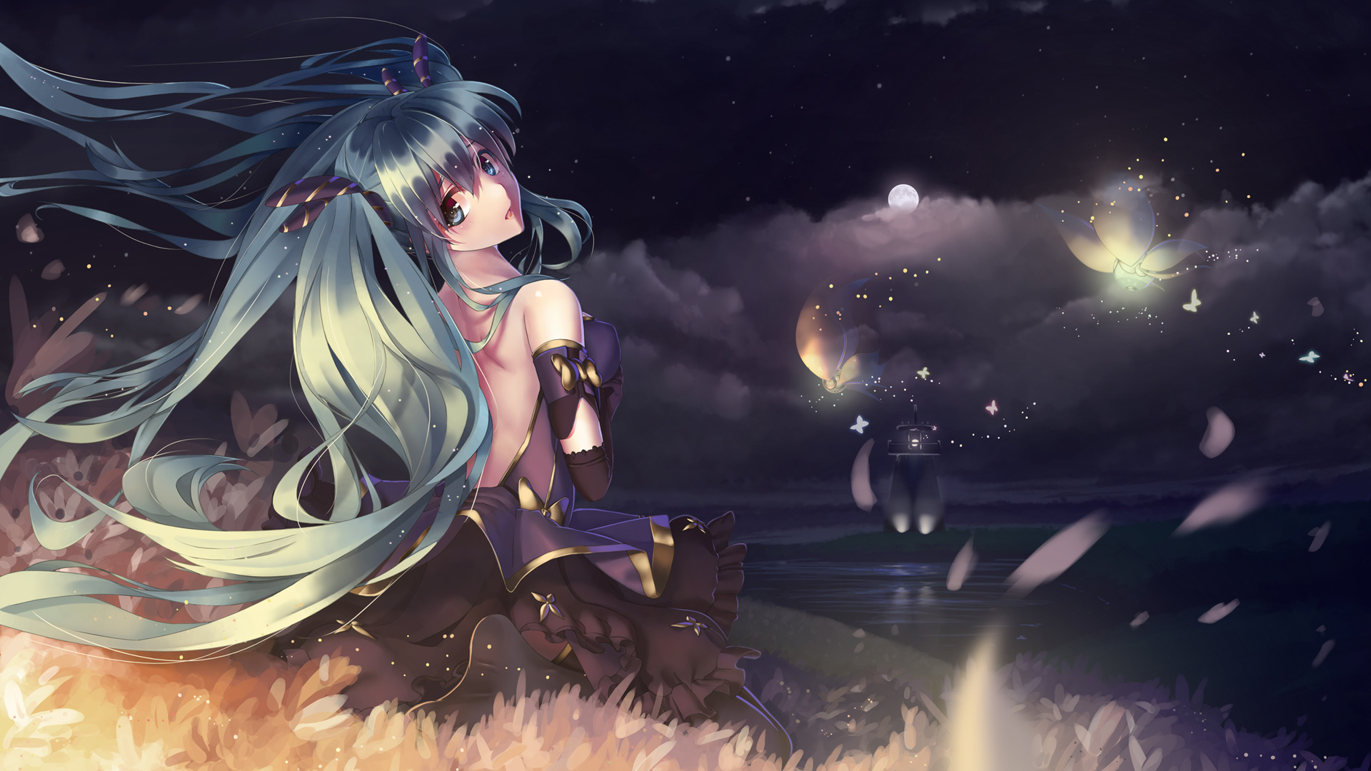 夜空星辰，初音梦幻，免费动漫桌面壁纸下载，畅享夜晚云彩月亮之美