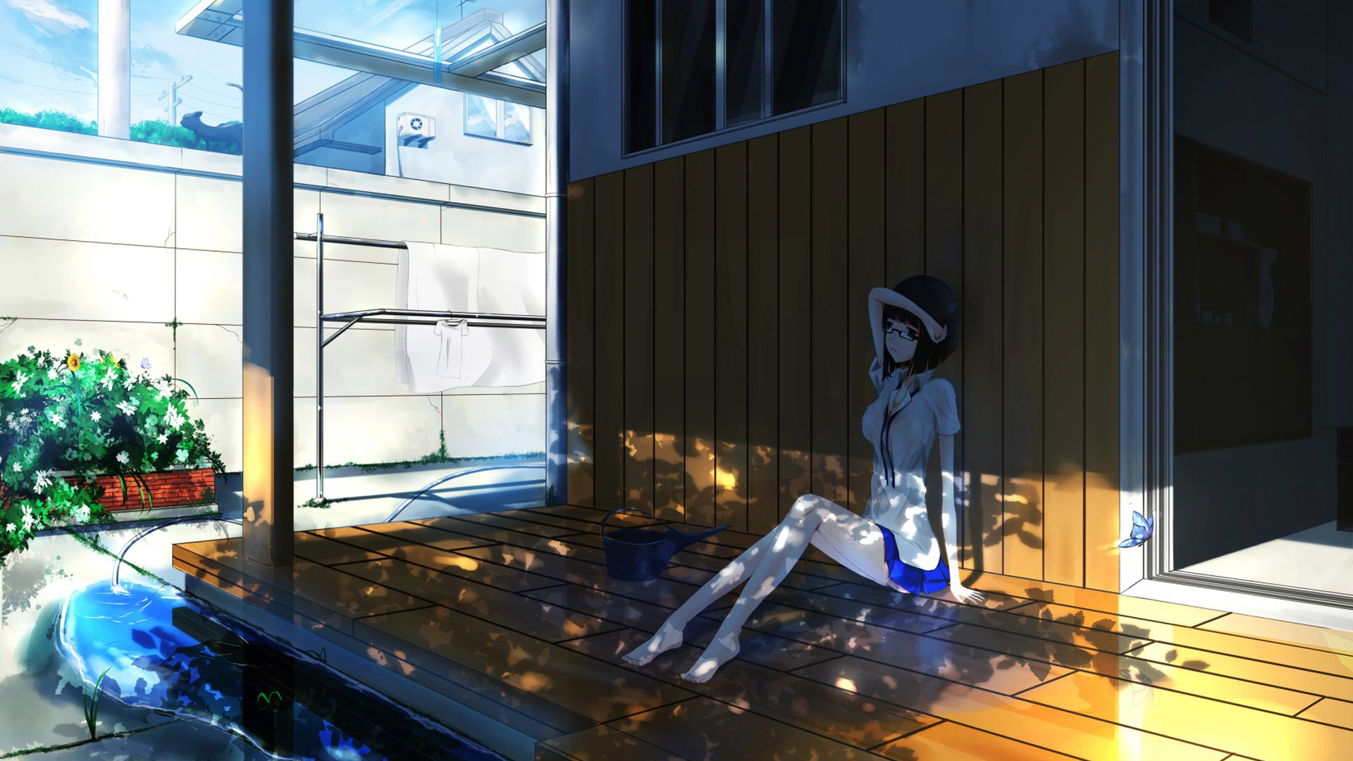 女孩与房子，水边乘凉，动漫美少女壁纸免费下载