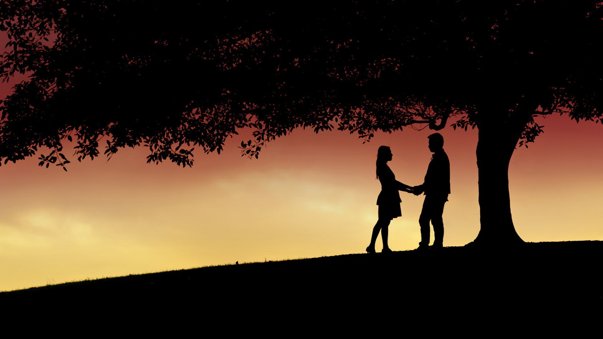情侣树下夕阳剪影，唯美意境桌面壁纸，免费下载！