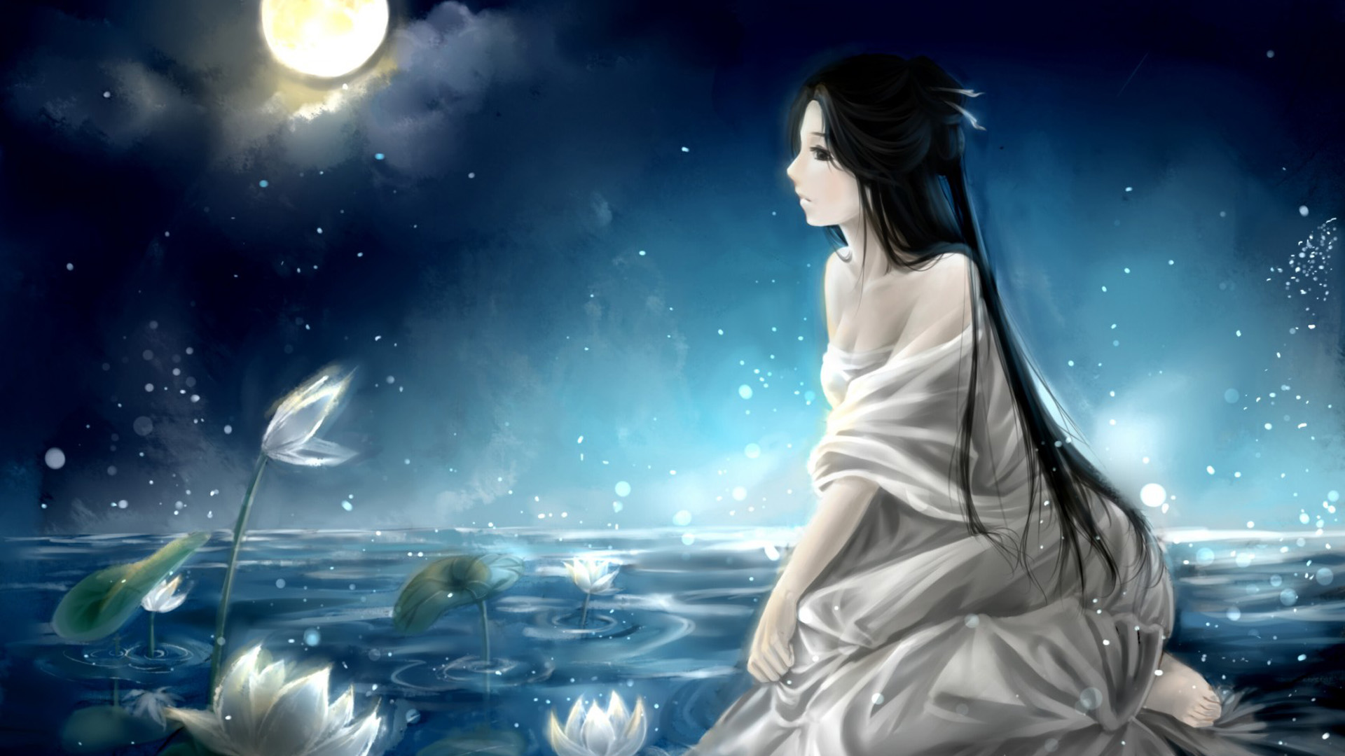 女孩与月，夜晚睡莲之唯美绘画壁纸，免费下载高清电脑背景