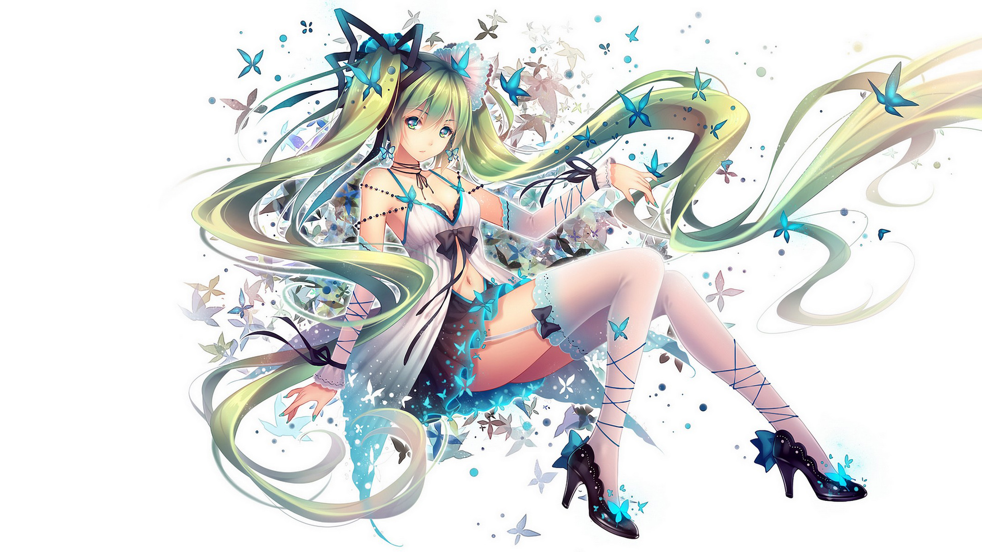 初音未来VOCALOID梦幻壁纸，美少女与蝴蝶共舞，免费动漫壁纸下载欣赏