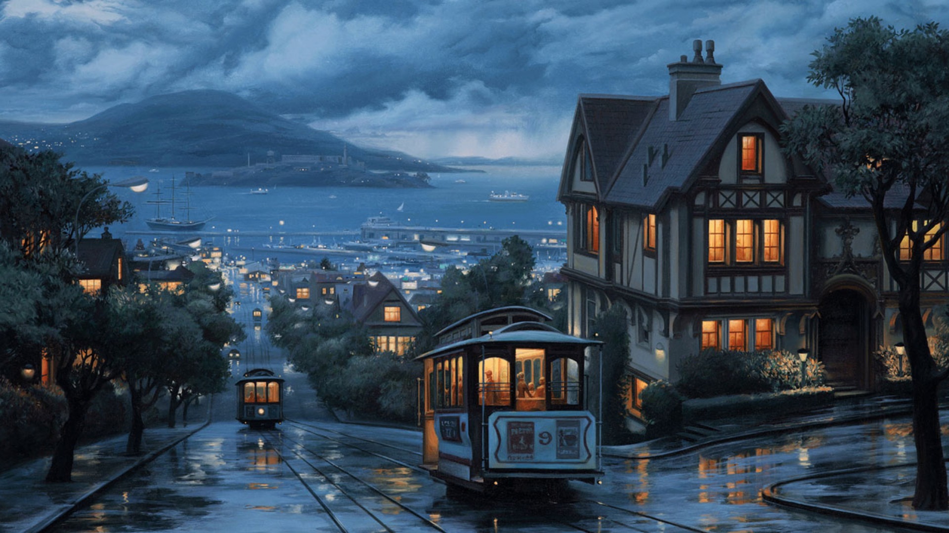 夜晚海边之旅，公交穿梭街道，如画风景壁纸免费下载