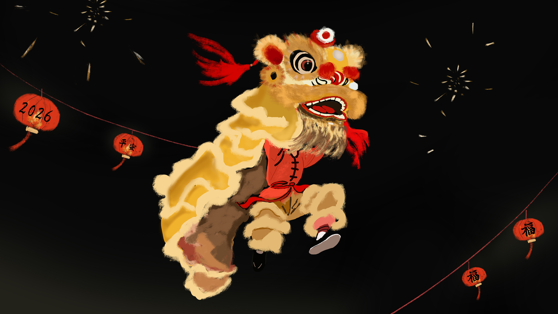2026马年舞狮贺岁，福满新年，灯笼烟花伴忘忧草原创节日电脑壁纸免费下载