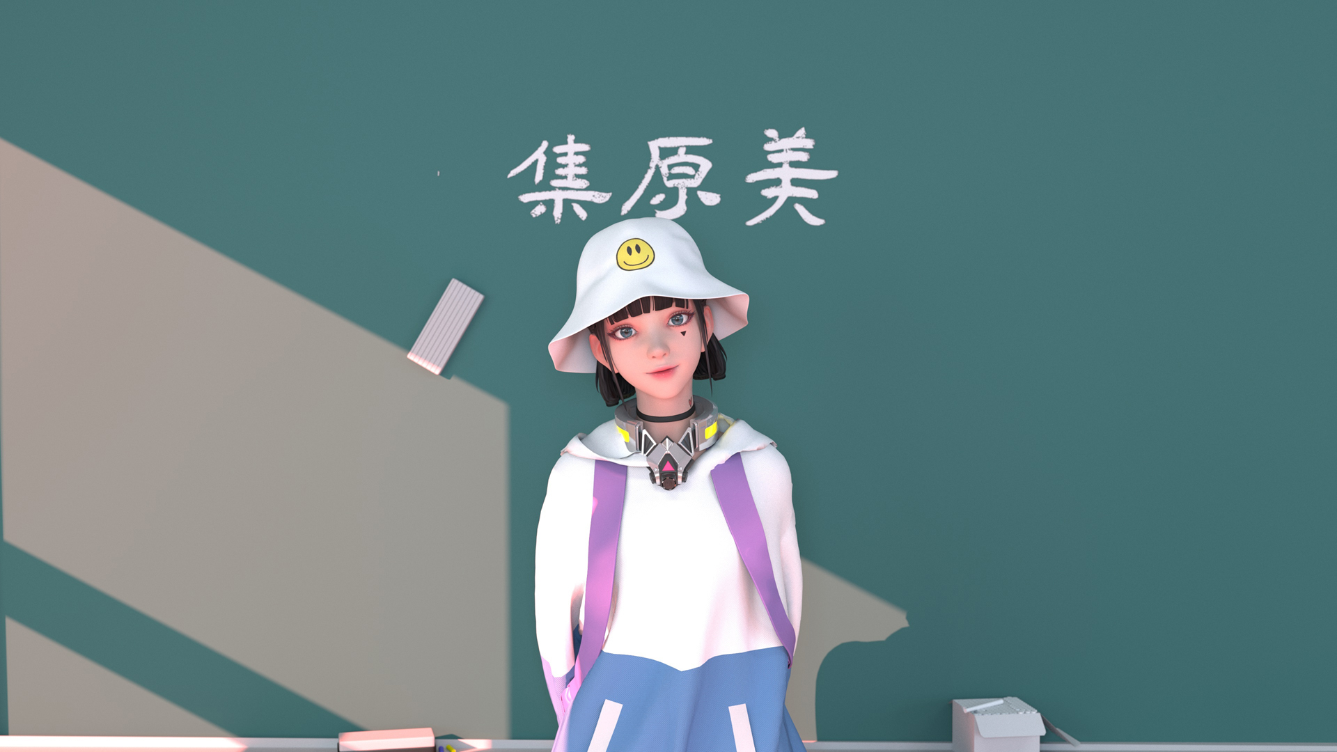 集原美动漫电脑壁纸免费下载，白色帽子搭配漂亮衣服，黑板背景超赞！