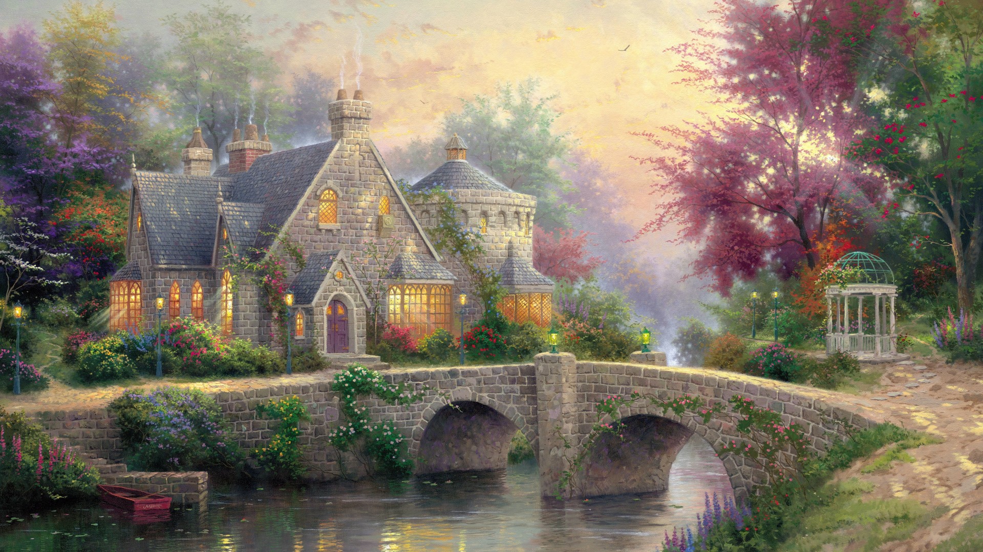 托马斯·金凯德灯光庄园桥景艺术绘画，绝美风景壁纸免费下载