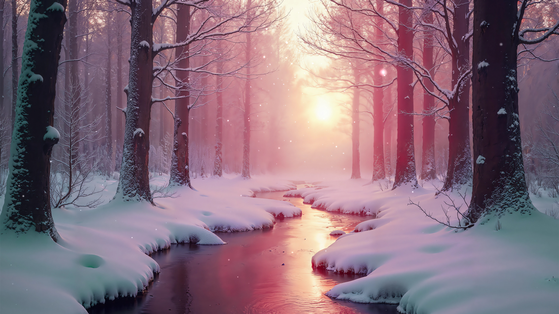 免费下载，粉色雪景森林小溪冬季电脑壁纸