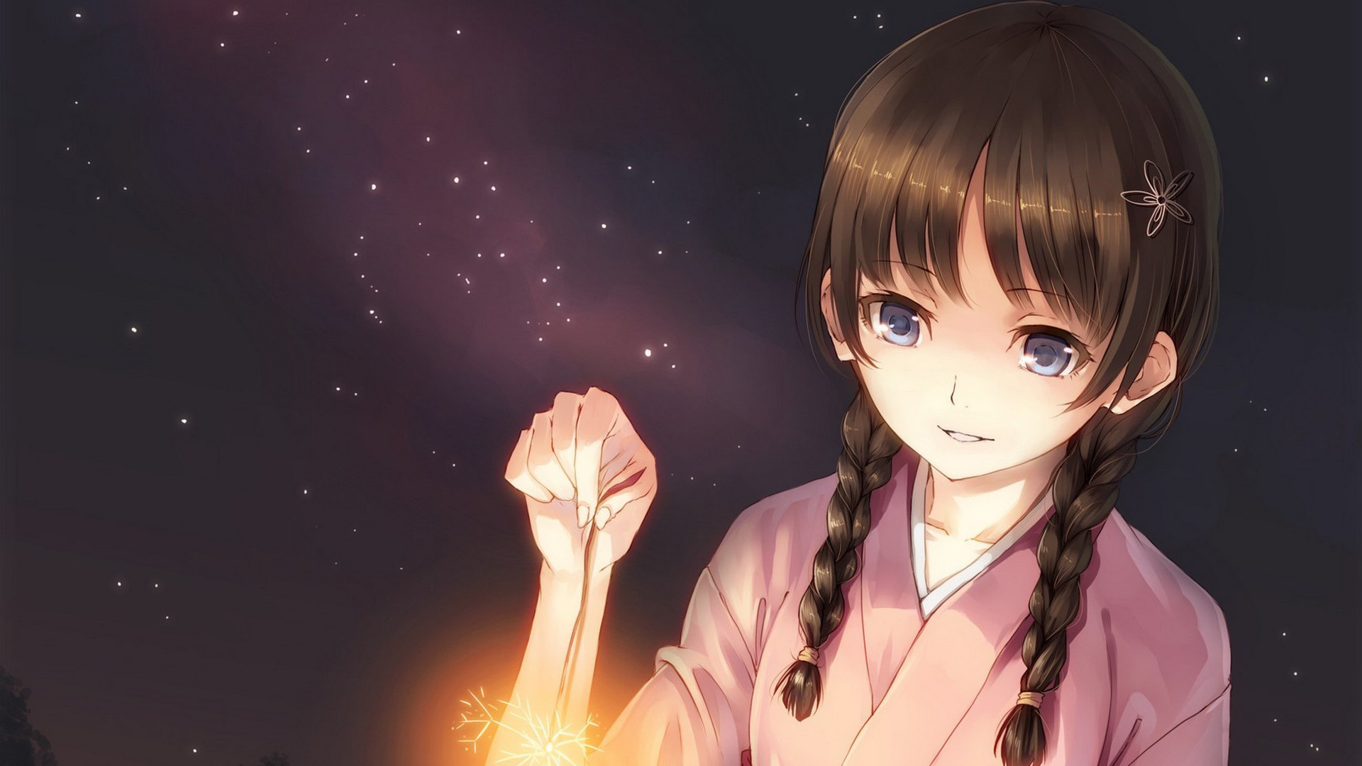 女孩夜赏烟花，辫子摇曳生姿——可爱动漫女生壁纸，免费下载美化桌面