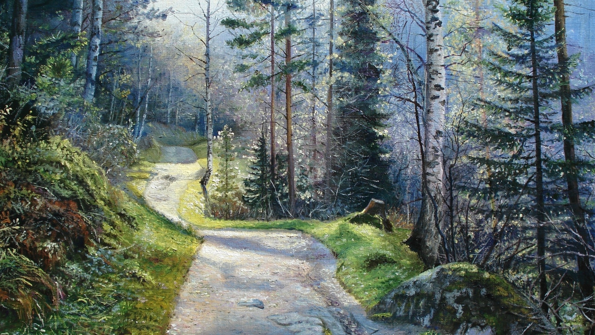 森林小径，树影婆娑，石头点缀，绝美风景绘画壁纸，免费下载