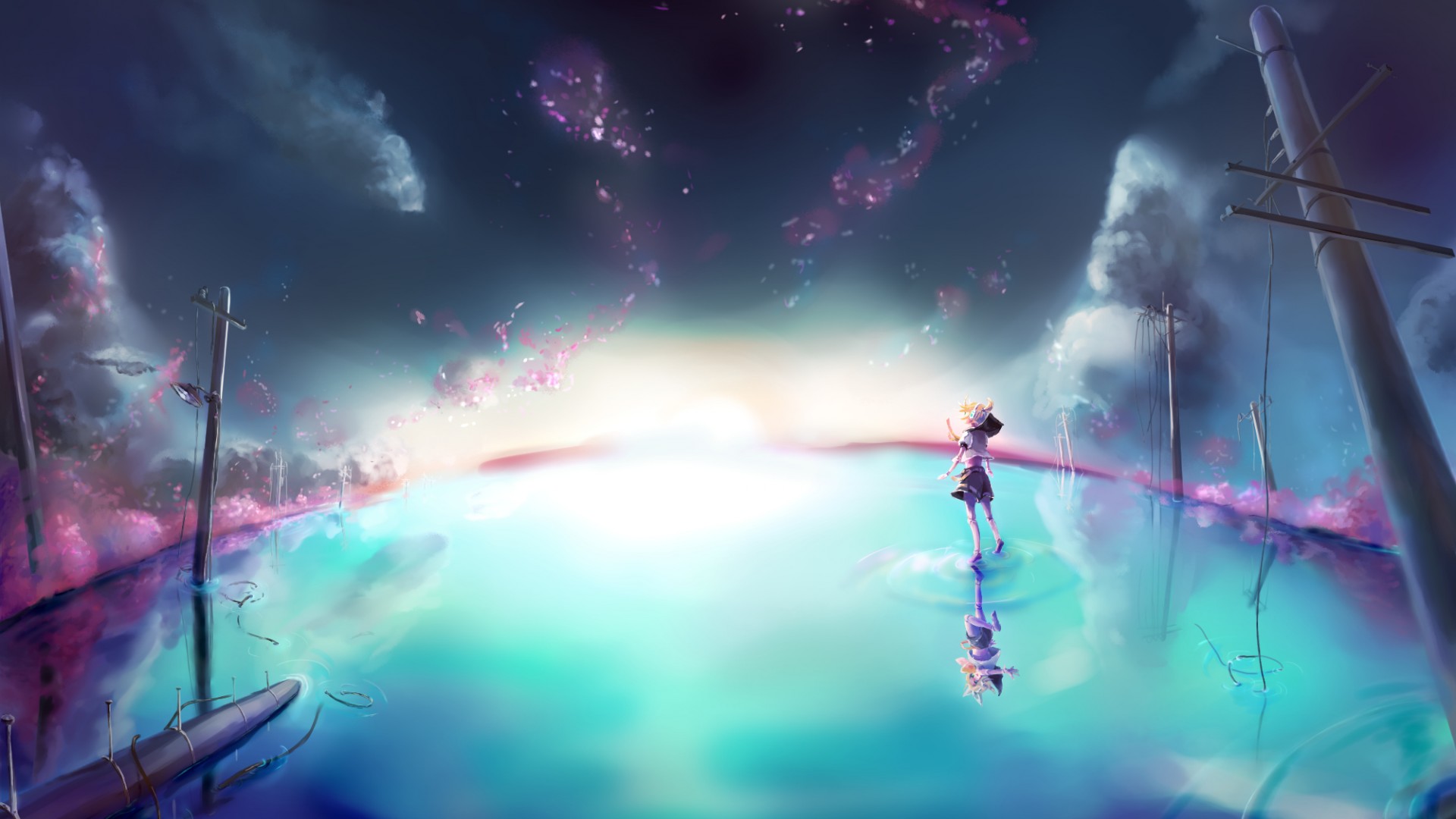 Vocaloid镜音铃与连，动漫女孩水天美景壁纸，免费下载高清电脑背景