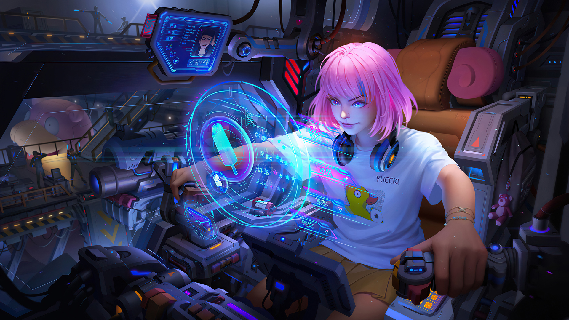 机甲少女 粉发短发 耳机 3d 个性动漫壁纸