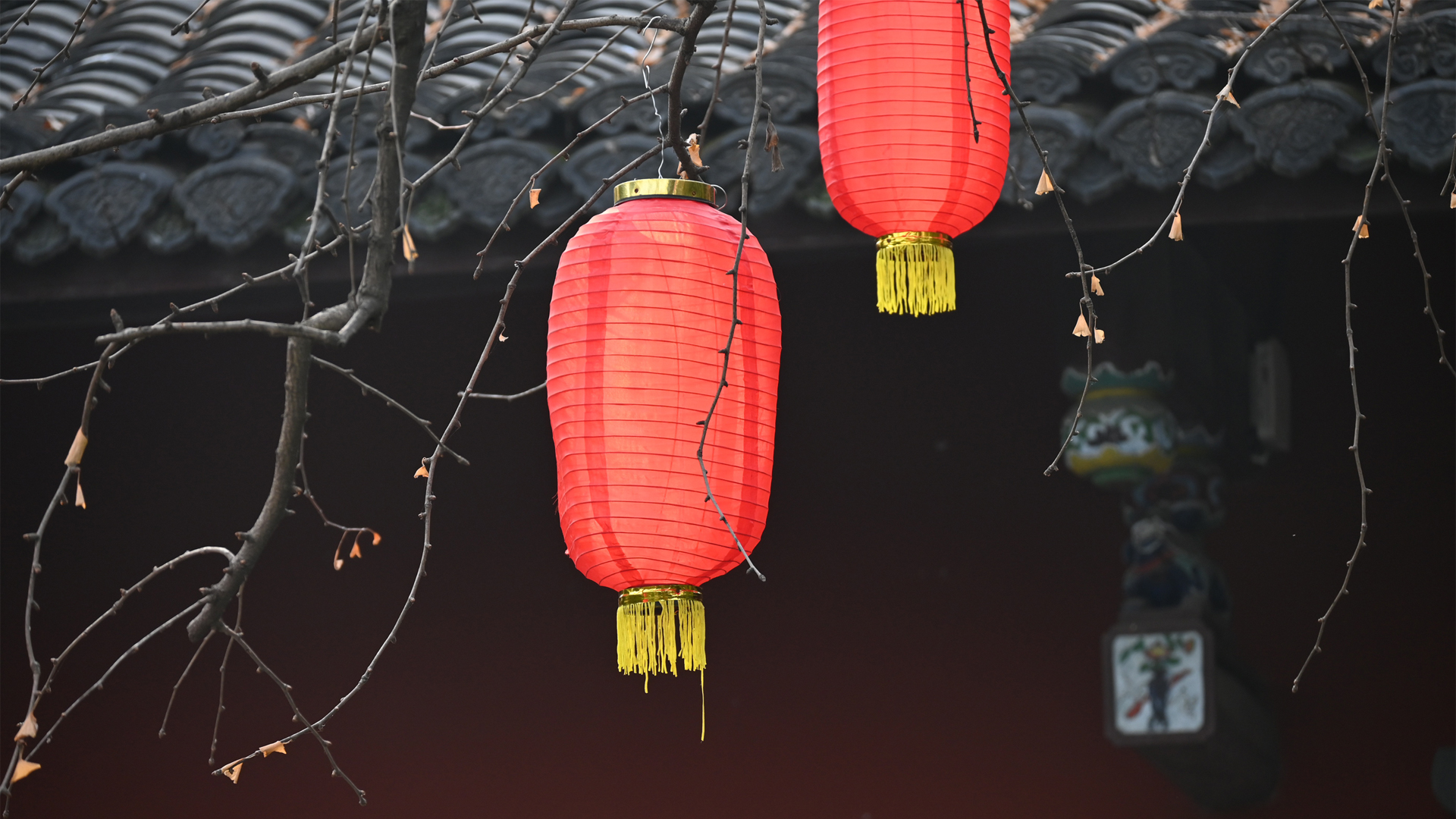春节 灯笼 树枝 瓦片 风景壁纸