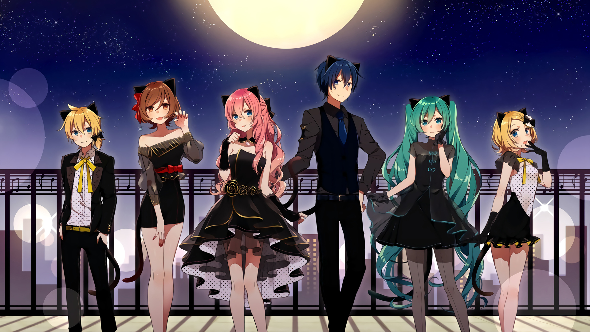 初音未来、鏡音、巡音流歌MEIKOKAITO，绝美星空月亮动漫壁纸，免费电脑壁纸下载