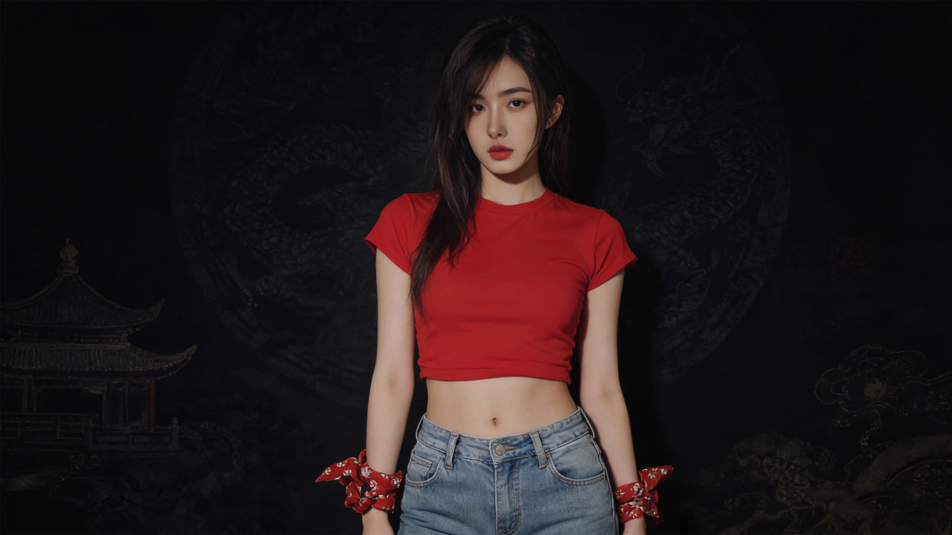 红色衣服牛仔裤长发美女暗黑背景桌面免费电脑壁纸下载