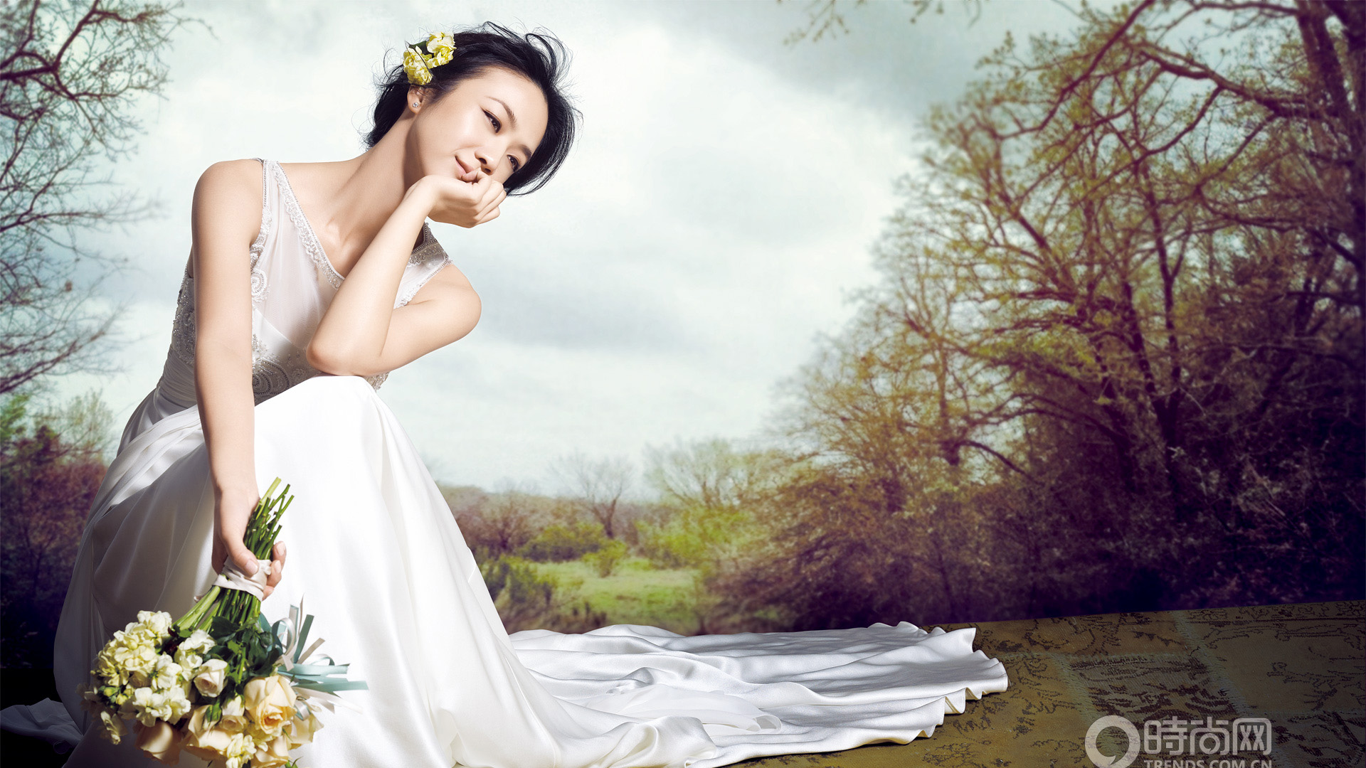 汤唯,婚纱照,手捧花,女神,桌面壁纸