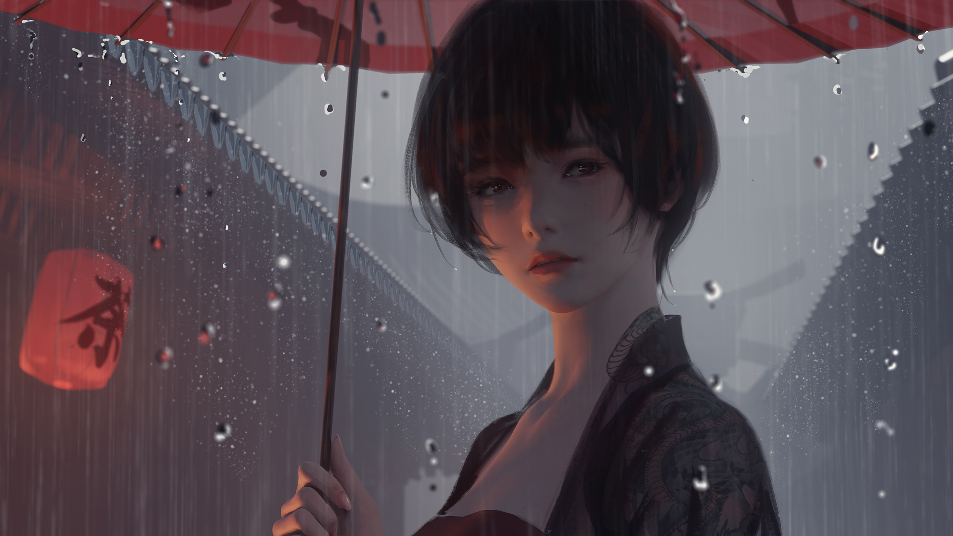 雨天 伞 短发美女 唯美古风 厚涂画 动漫壁纸