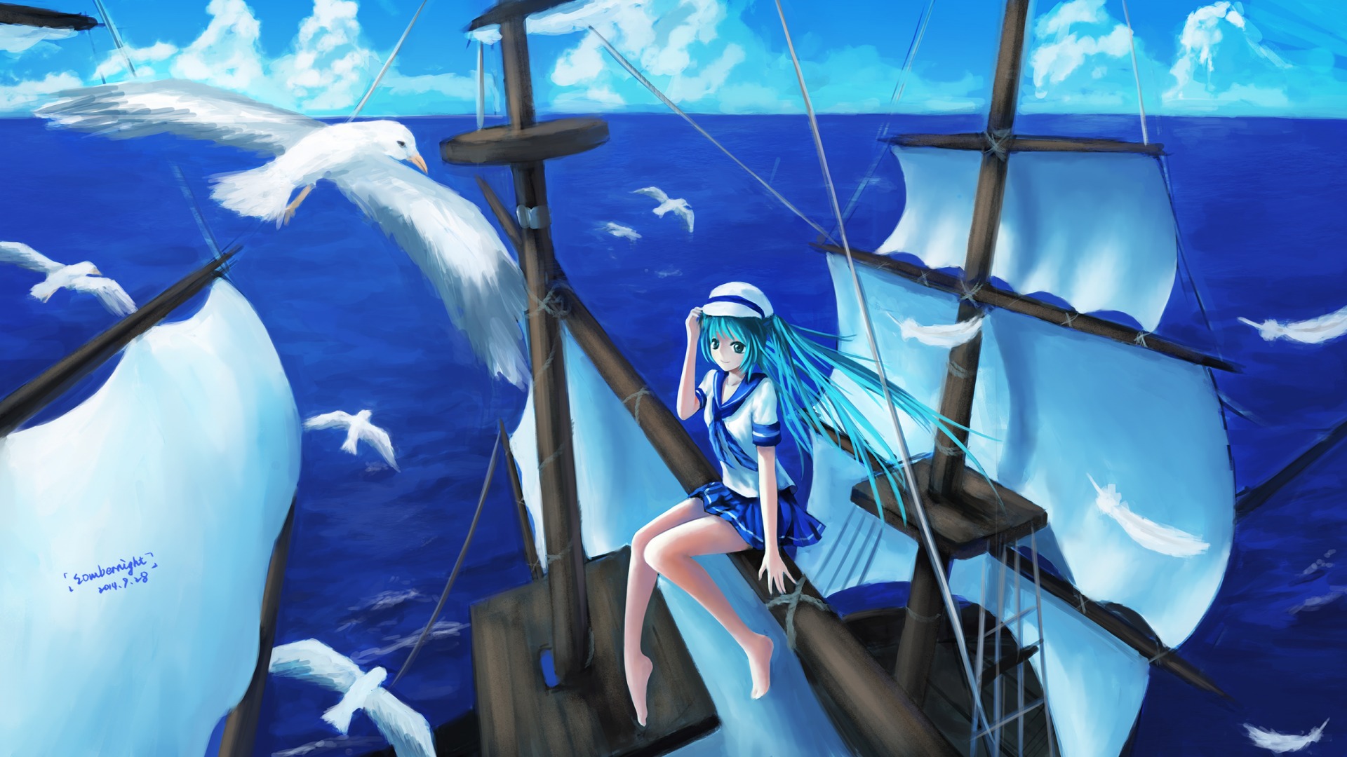 初音未来航海之旅，女孩与大海，帆船与小鸟，绝美动漫壁纸免费下载