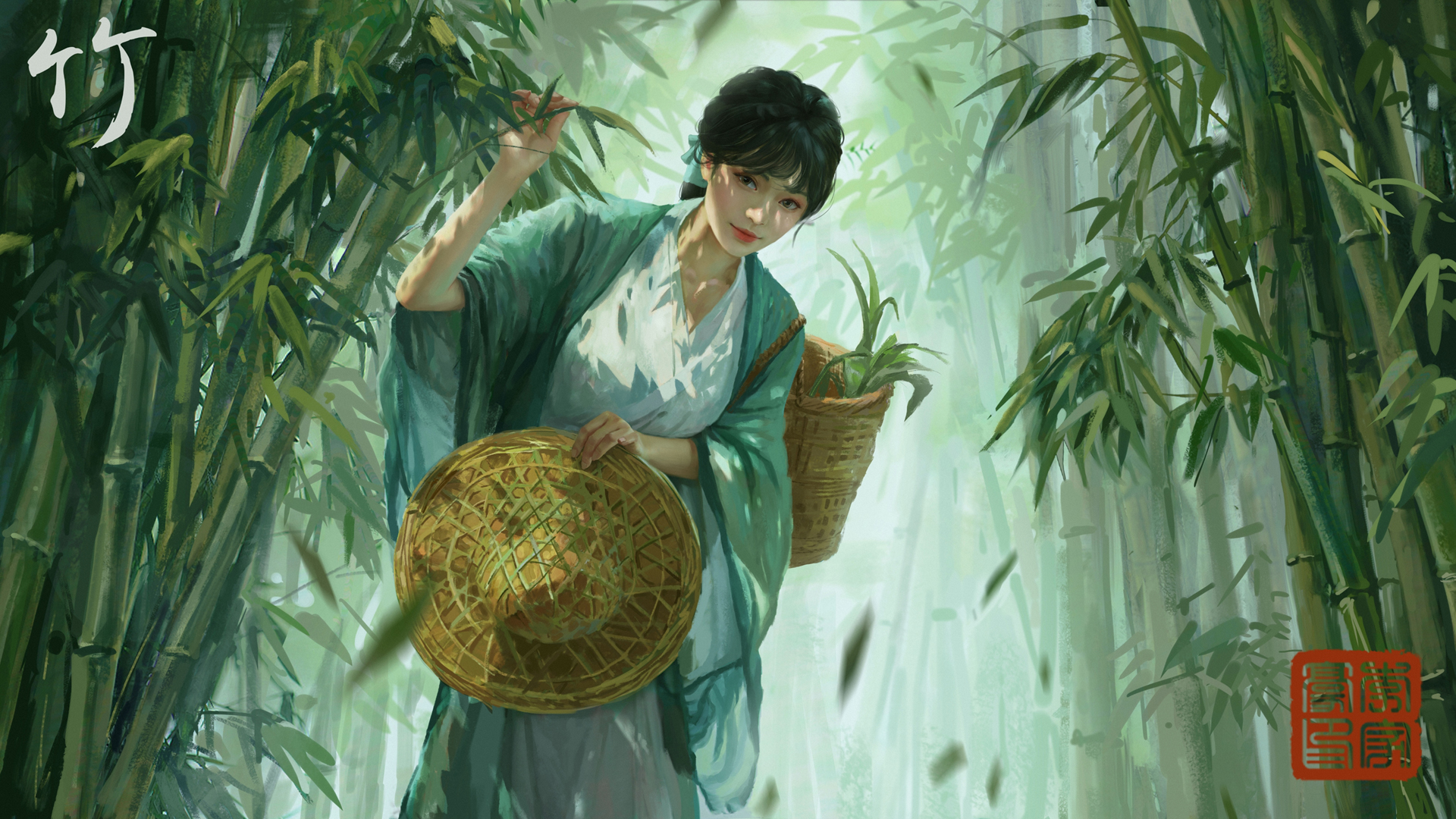 唯美中国风竹林古风女孩斗笠动漫壁纸，免费电脑壁纸下载