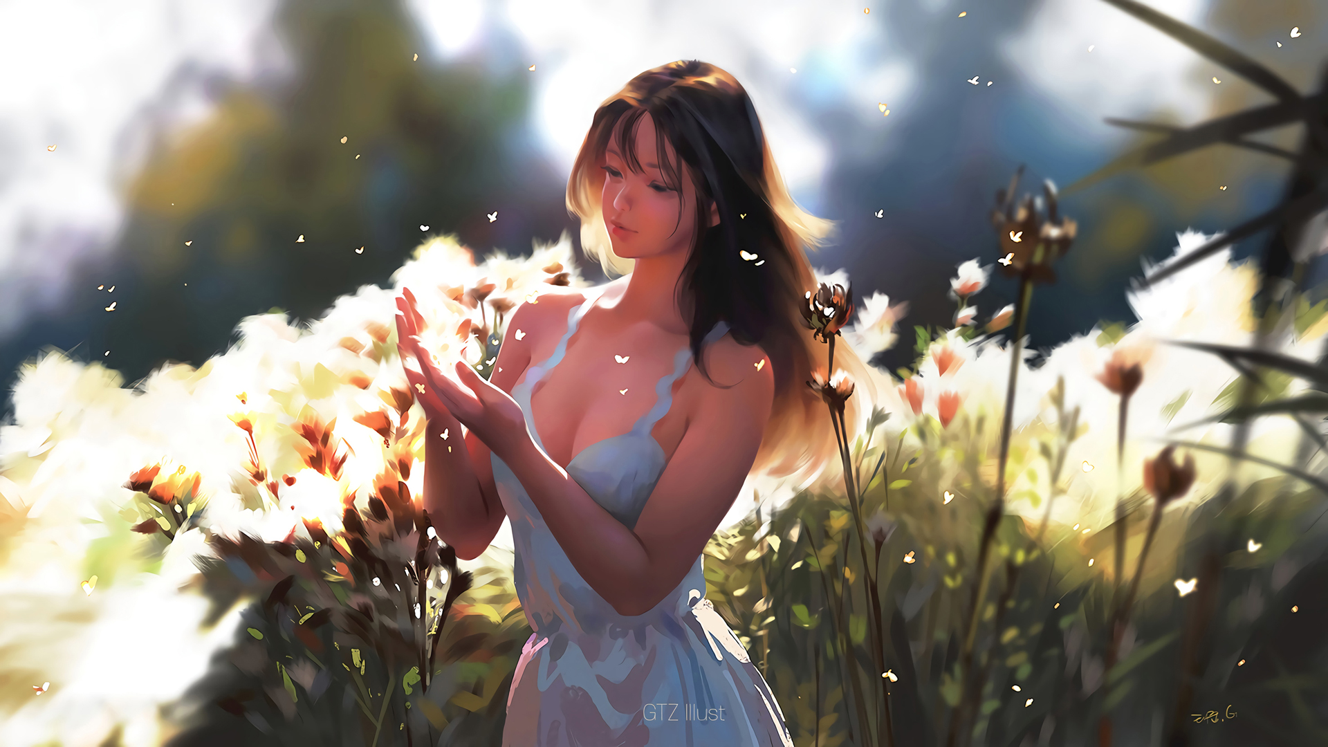唯美动漫壁纸，女孩白色裙子种子花，免费电脑壁纸下载