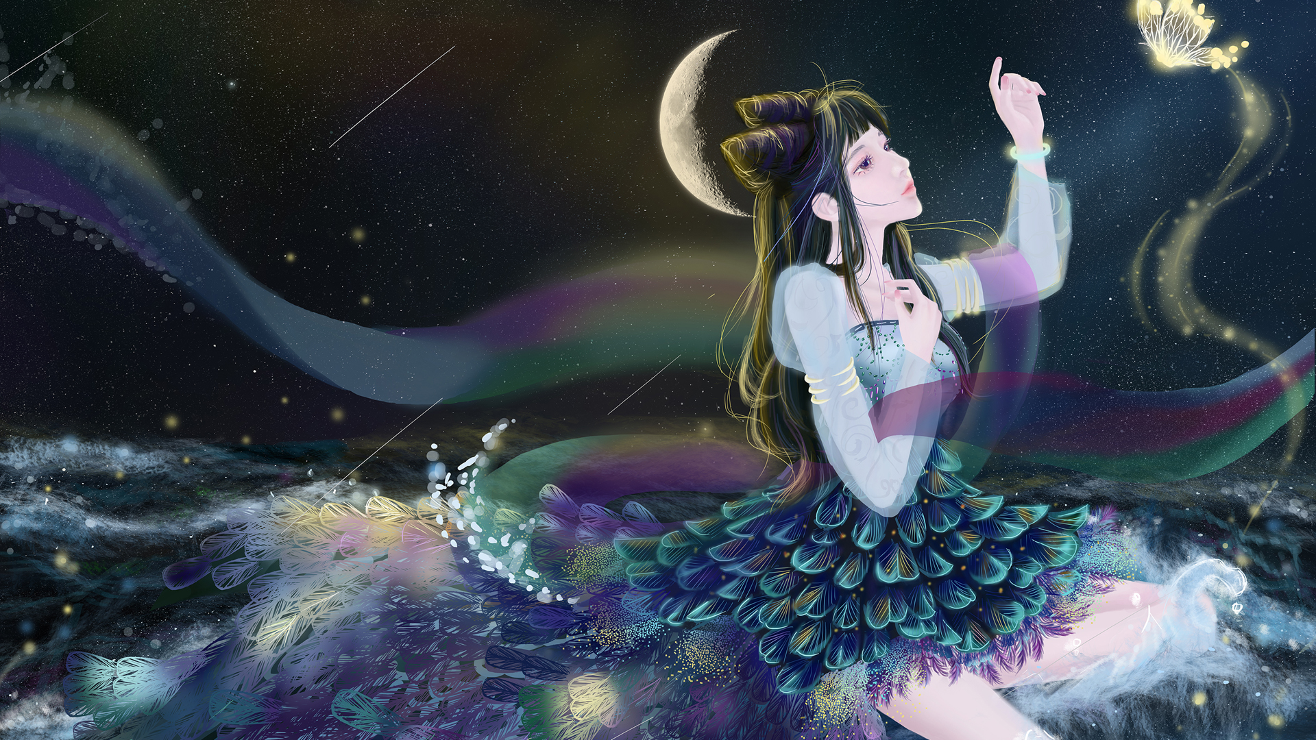 巴图BATU原创  古风女孩 丝绸 夜晚海 月亮 蝴蝶唯美高清动漫壁纸
