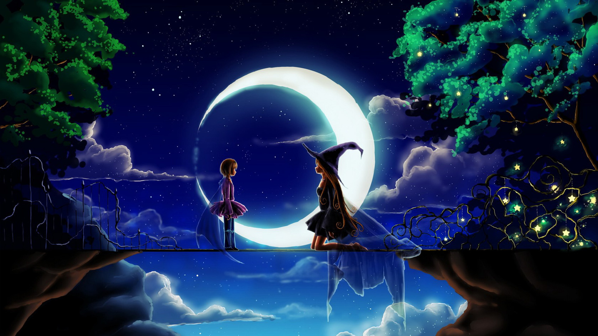 晚上魔女与小女孩的奇幻之旅，神奇的月亮星星与树桥，唯美壁纸免费下载