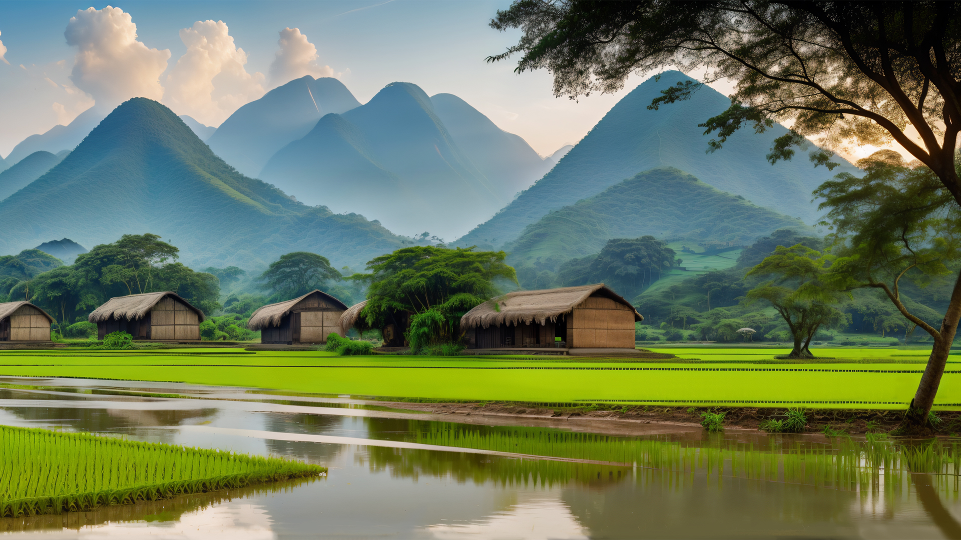 乡间稻香美景，山川房子与树林相伴，免费风景壁纸下载