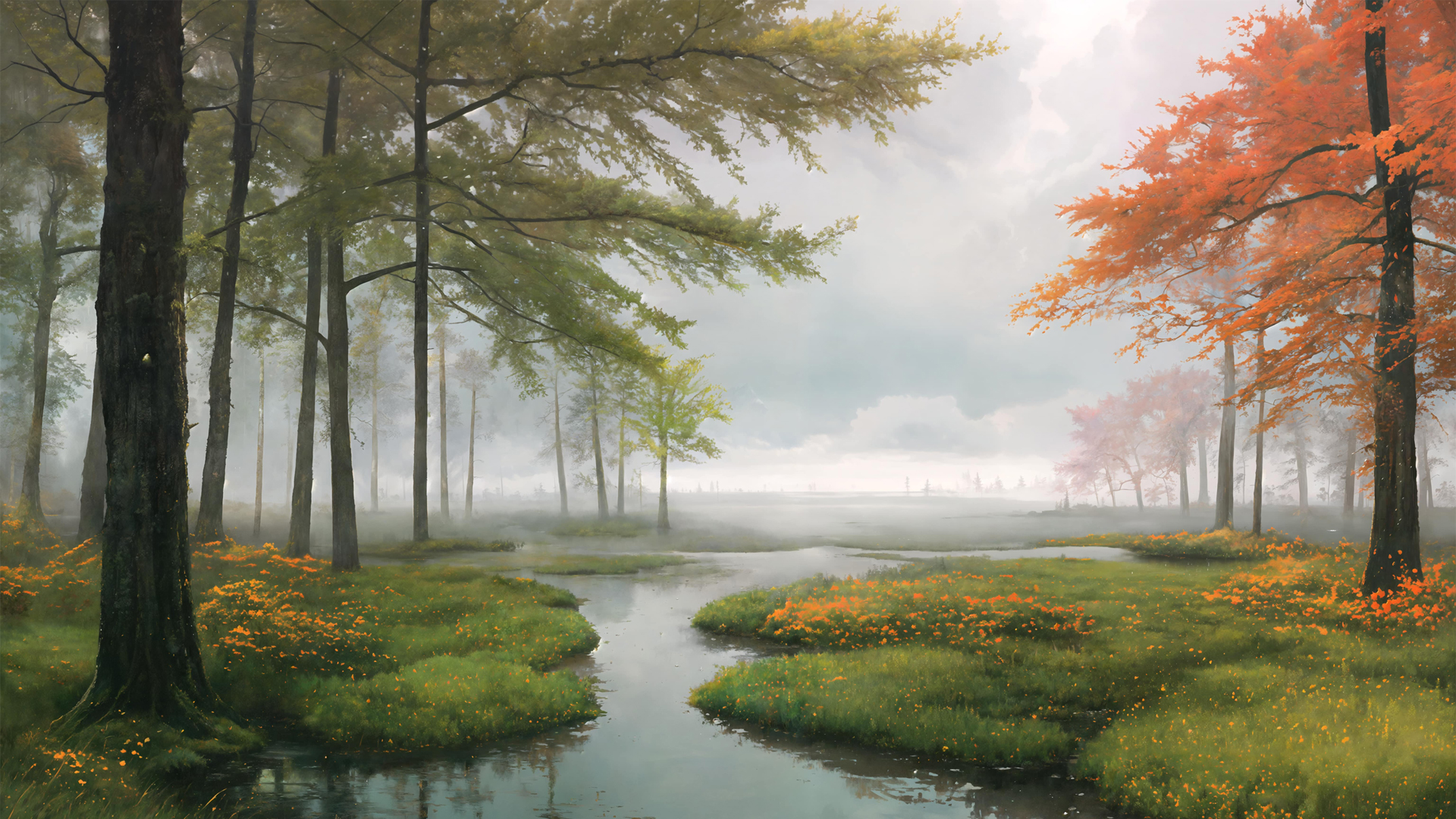 AI绘画佳作，森林河流树木鲜花自然美景，免费桌面壁纸下载，电脑美化新选择