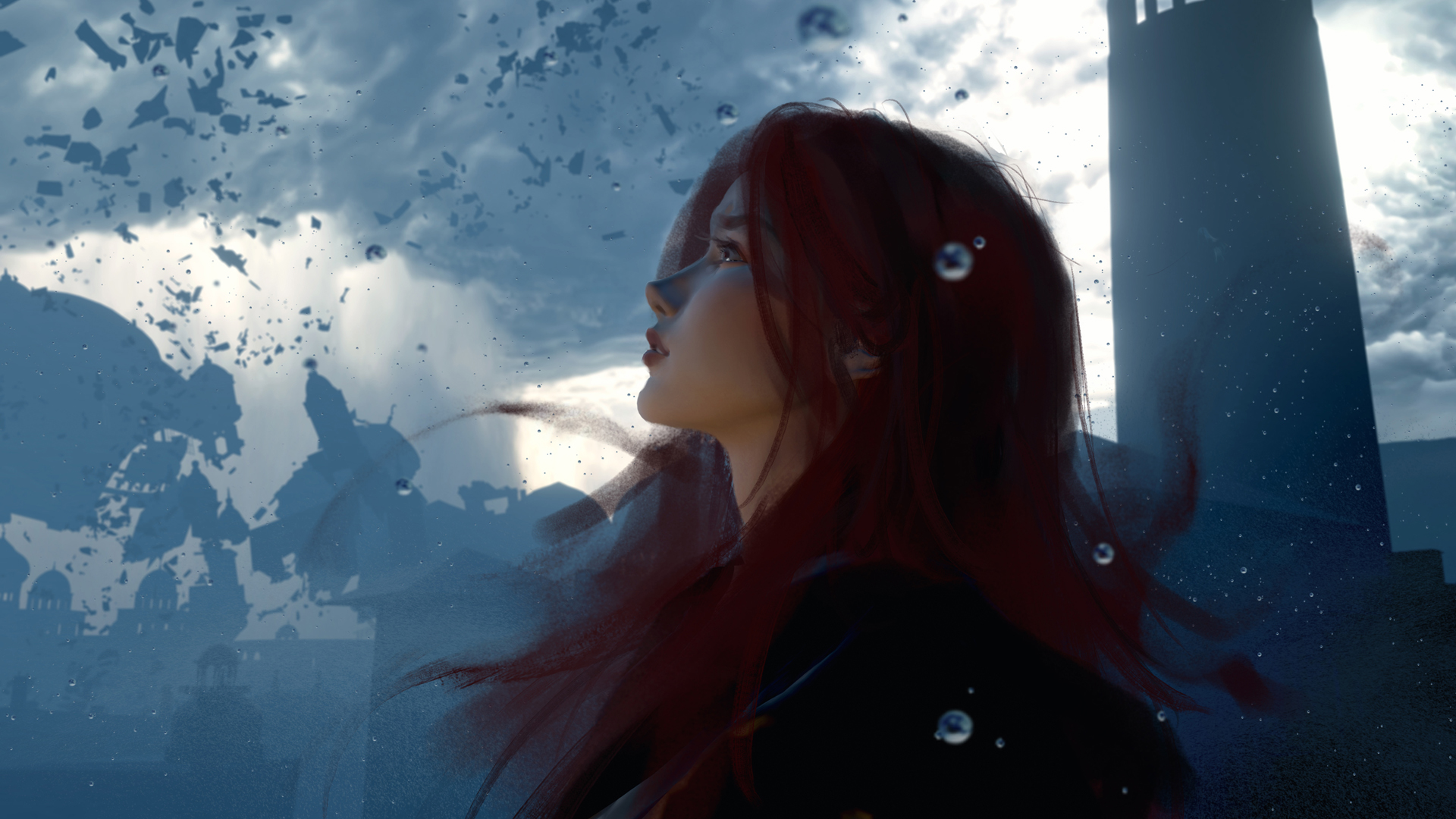红色发少女与灯塔，绝美动漫壁纸，免费电脑版下载