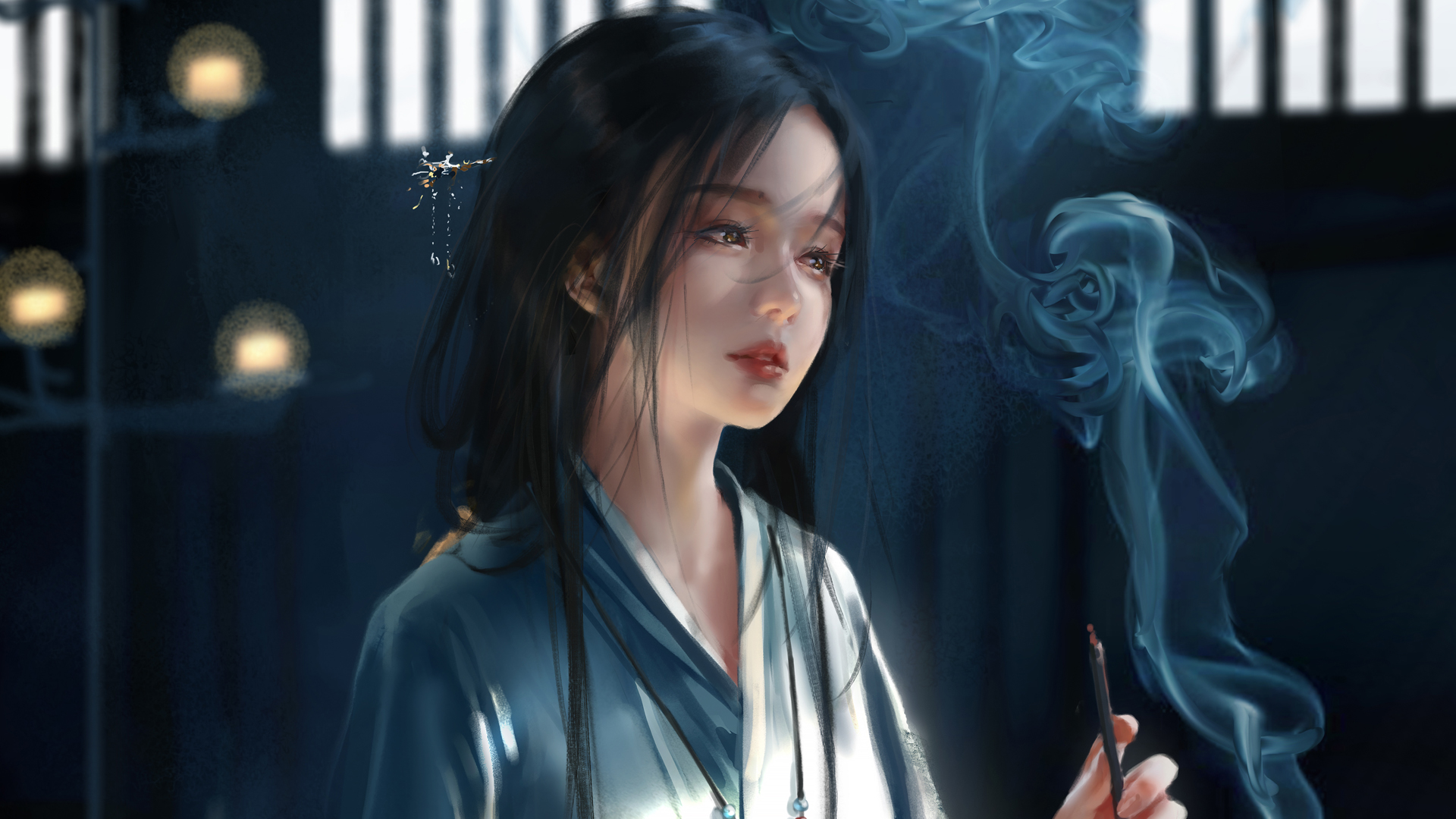 古风美女毛笔绘烟景，鬼刀风动漫壁纸，免费高清电脑壁纸下载