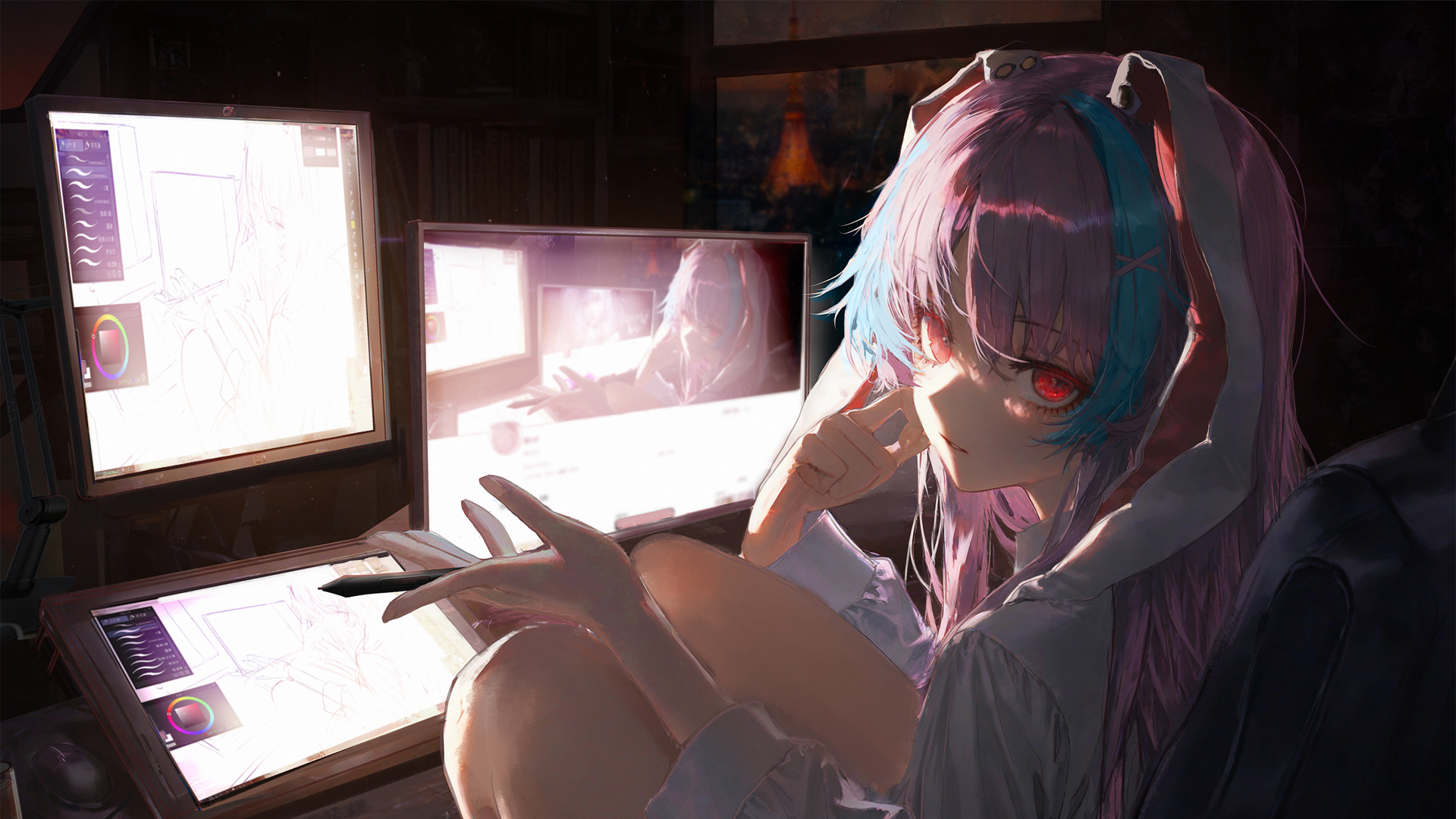 女画师坐椅子绘兔子耳朵动漫 免费电脑壁纸下载