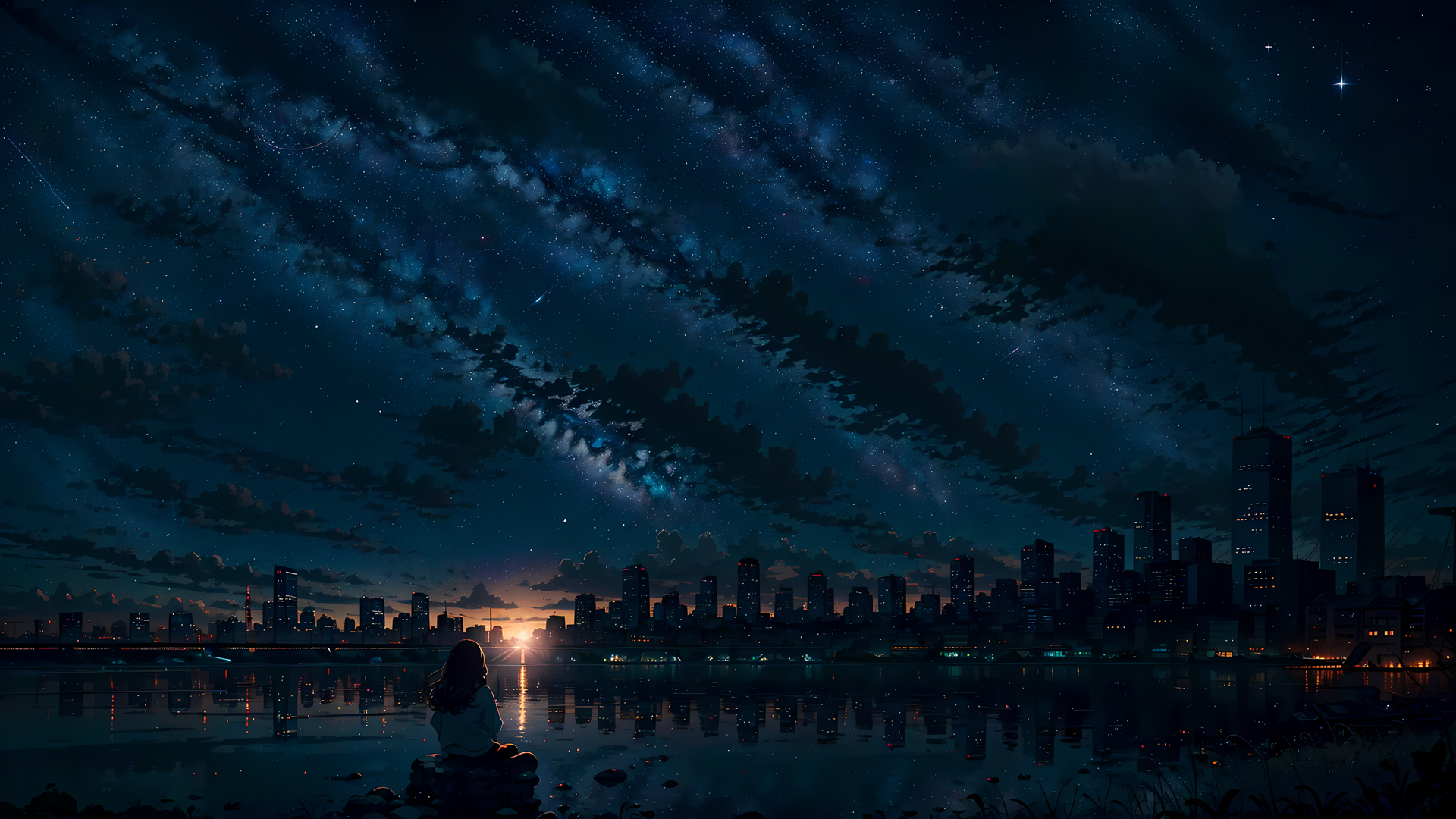 星空之城女孩唯美风景壁纸，免费电脑壁纸下载