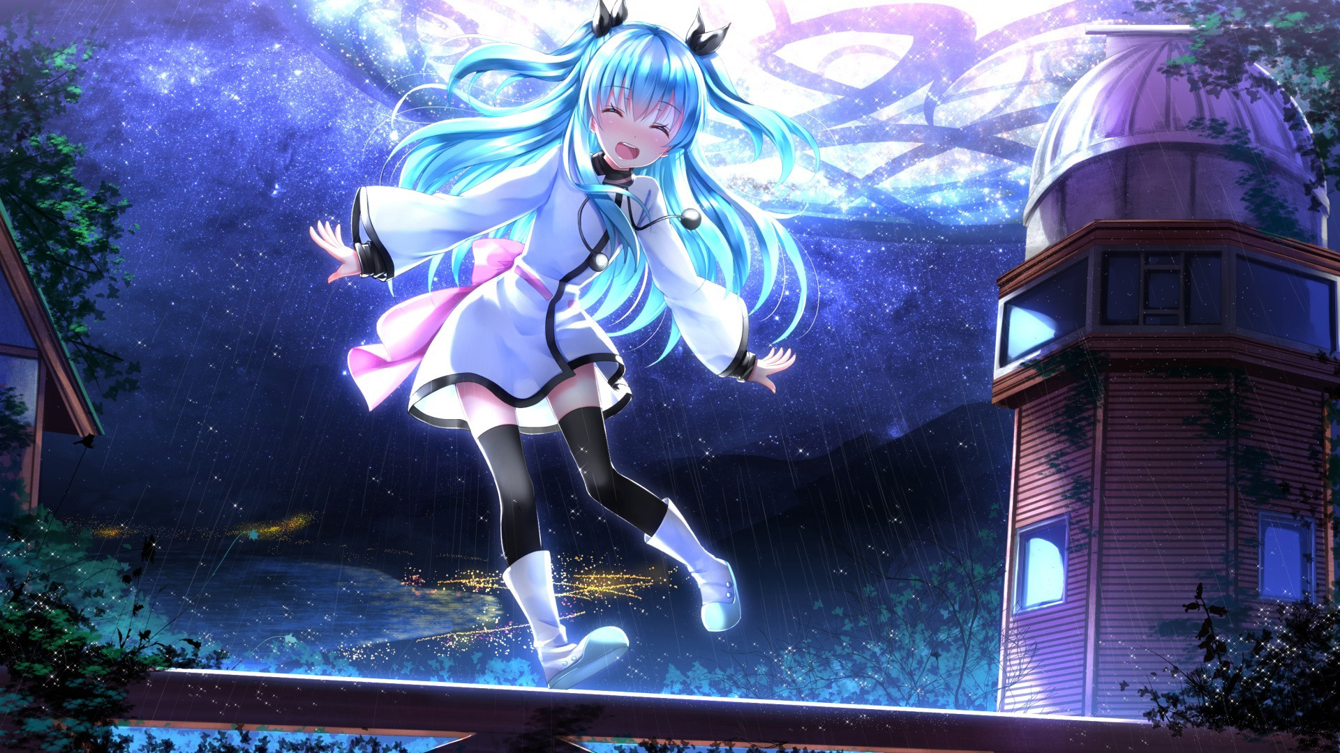 可爱小女孩,可爱姿势,天空风景,屋子,动漫小女孩桌面壁纸
