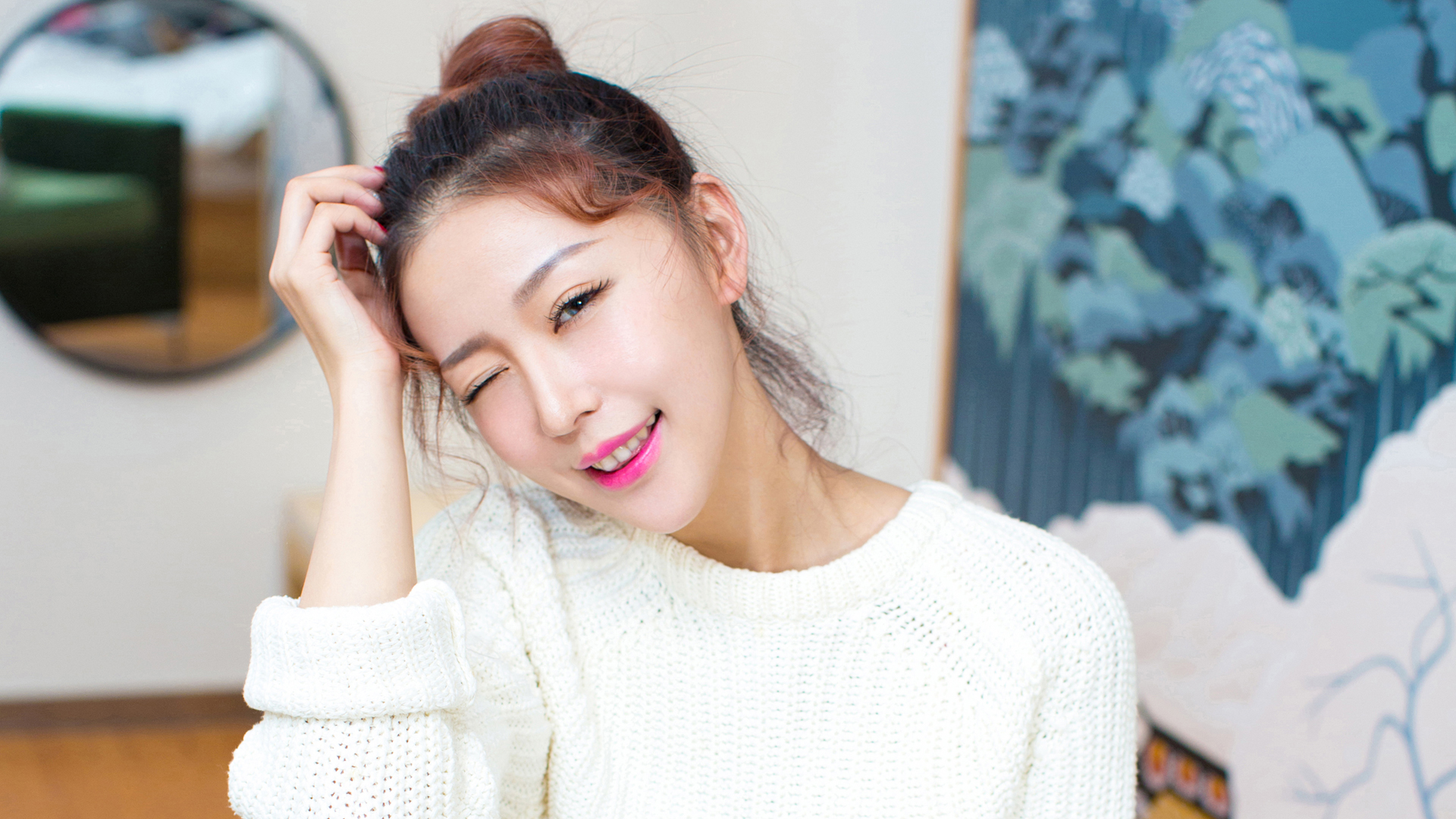 穿白色毛衣可爱美女刘嘉琦壁纸