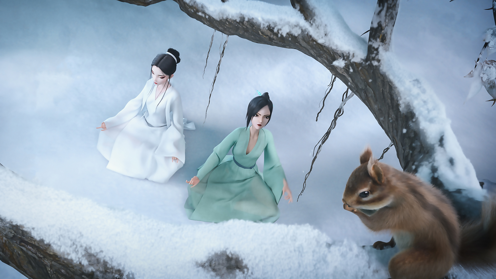 白蛇2青蛇劫起，小青雪地奇遇，松鼠相伴，免费高清壁纸下载！