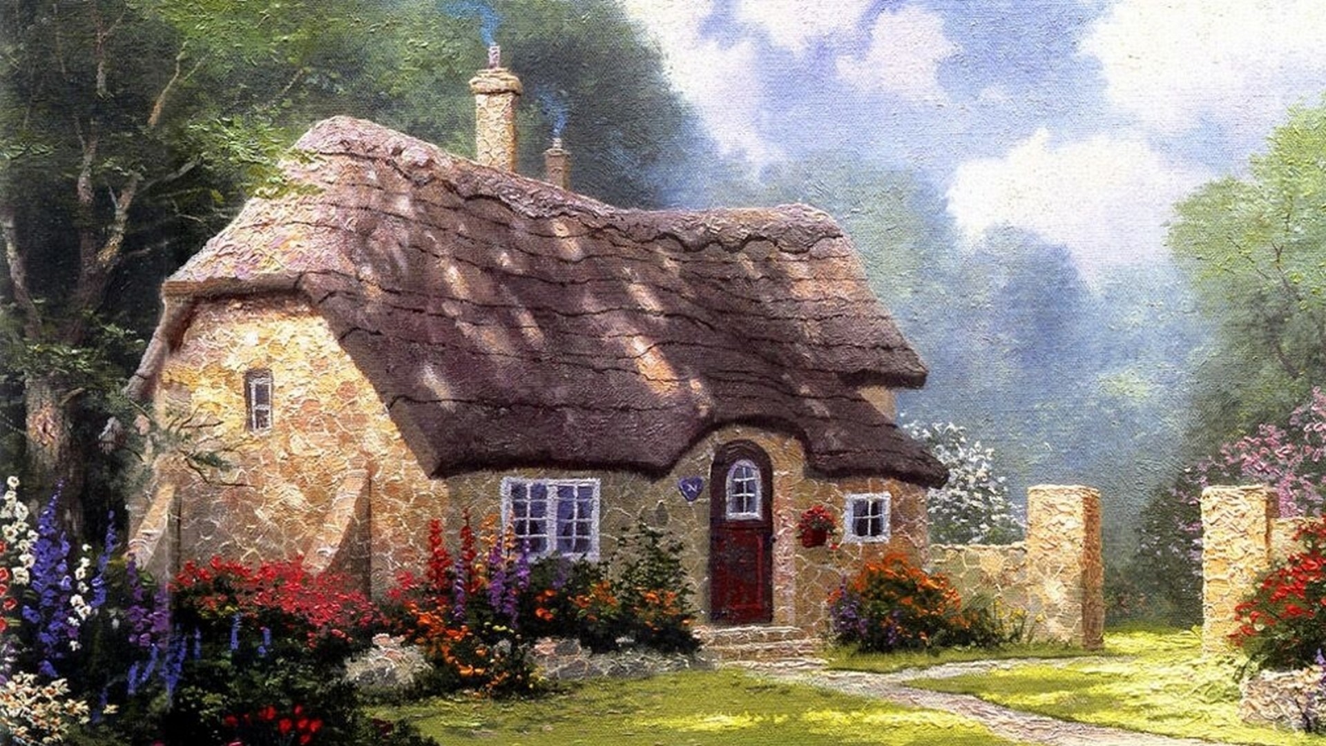 唯美夏日森林小屋风景，托马斯·金凯德绘画风格壁纸免费下载