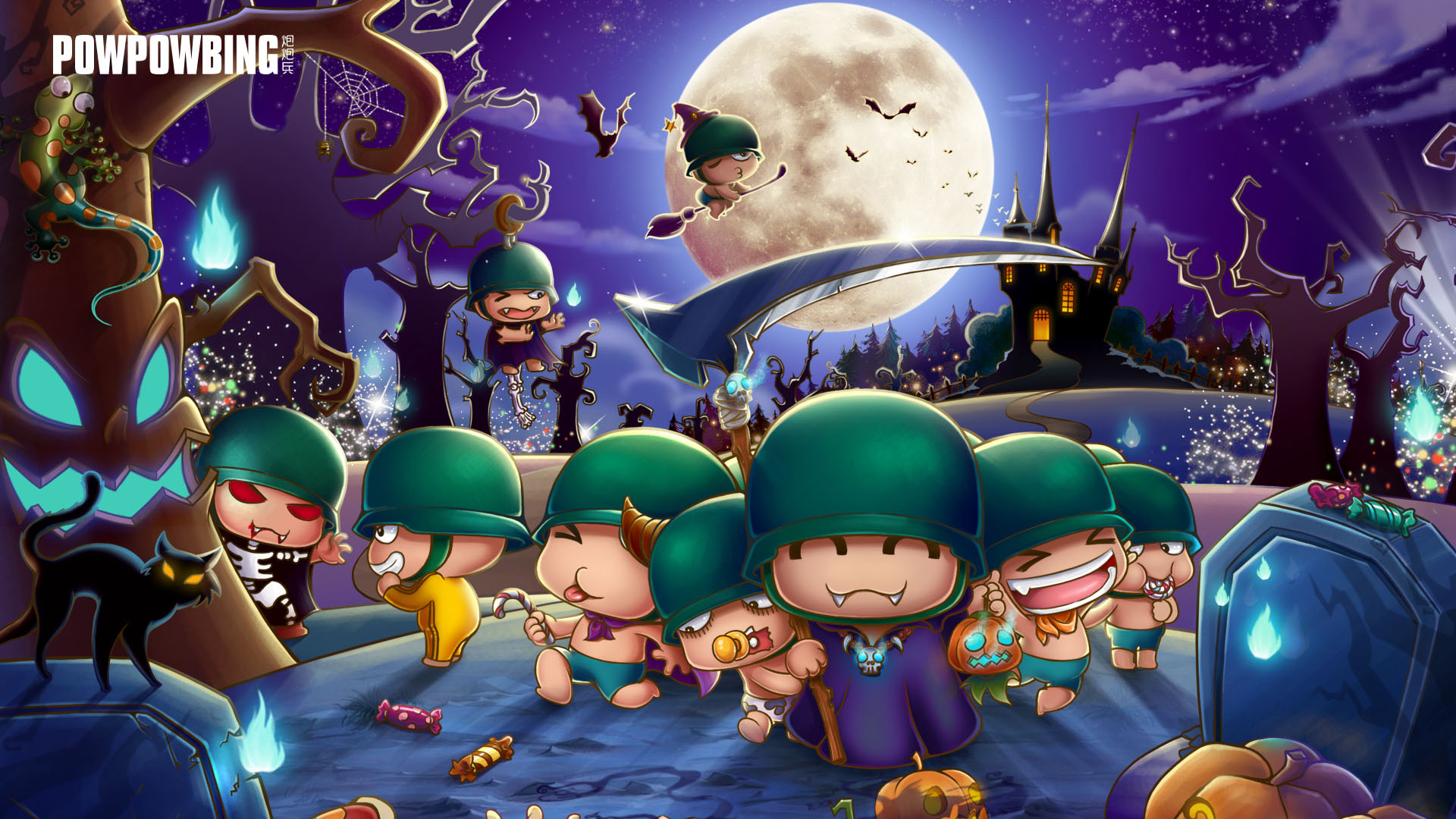 炮炮兵万圣节狂欢，Halloween飞扫把、月亮蝙蝠，糖果南瓜，恶魔吸血鬼与死神共舞！免费节日壁纸下载