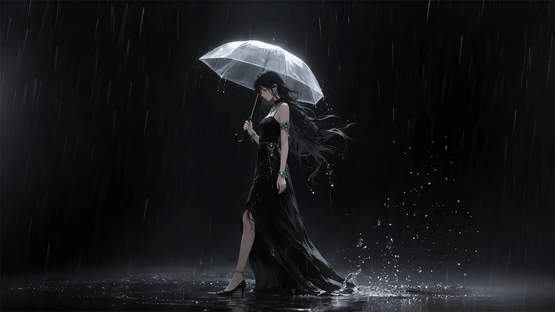 雨夜黑衣美女撑伞，暗黑系动漫壁纸免费下载