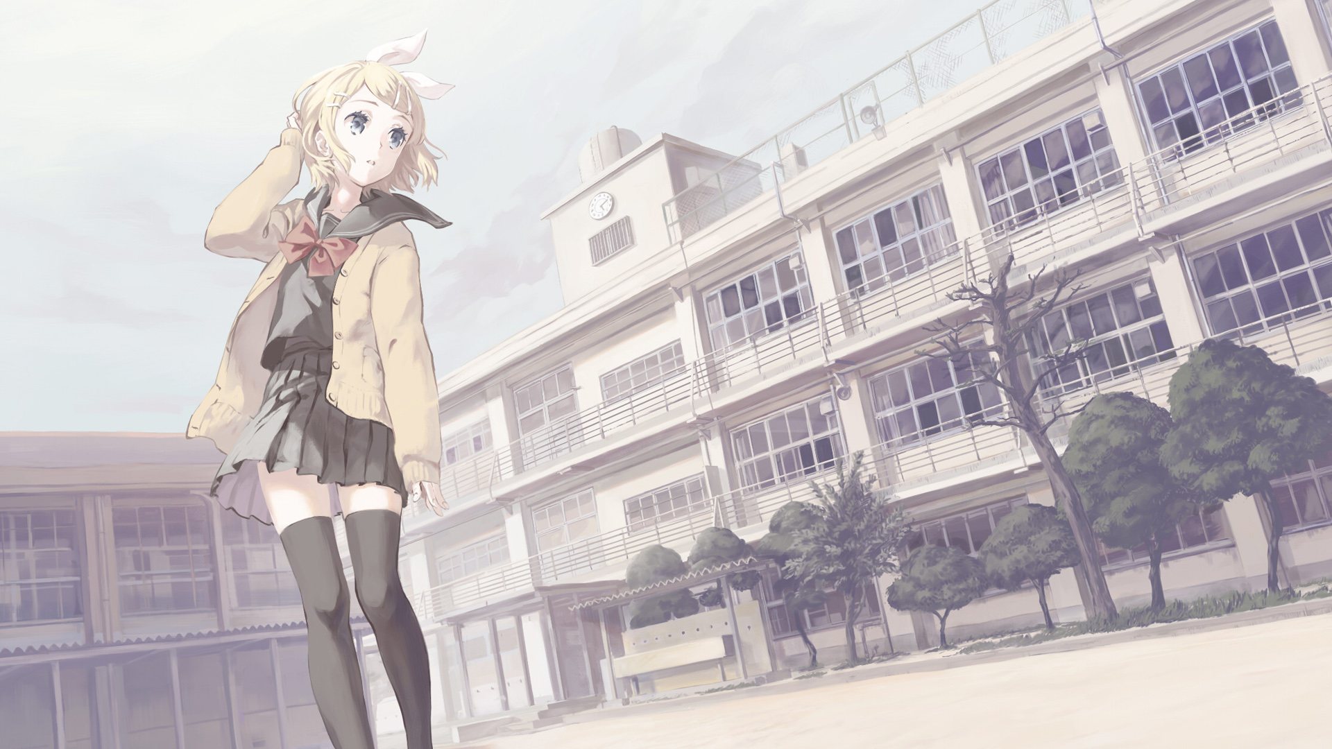 女孩镜音铃校园风采，可爱动漫壁纸免费下载，学生时代的美好回忆