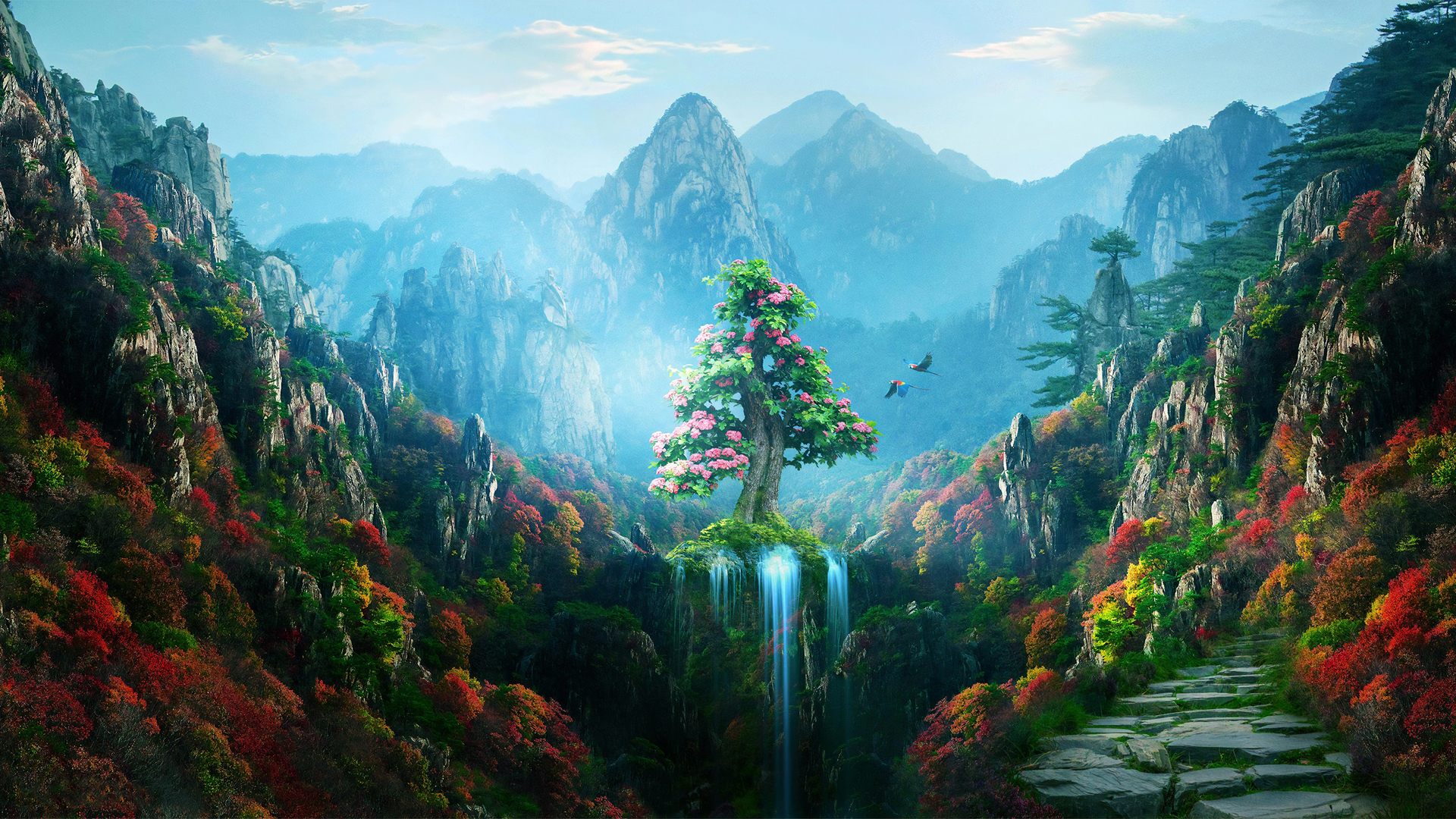 仙境之美，山谷树花瀑布风光壁纸，免费下载，装点你的电脑桌面