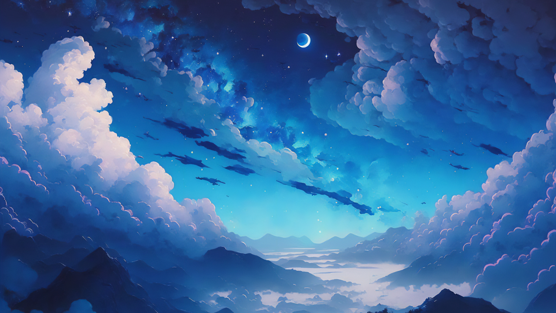 云漫月影，星夜山脉，绝美风景壁纸，免费电脑壁纸下载