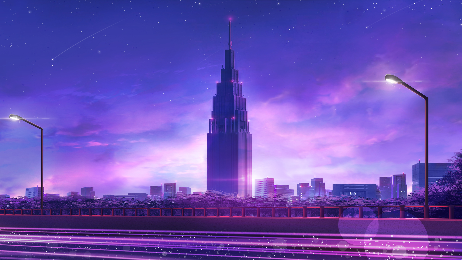 城市之夜，高楼耸立，星光璀璨，动漫壁纸免费下载