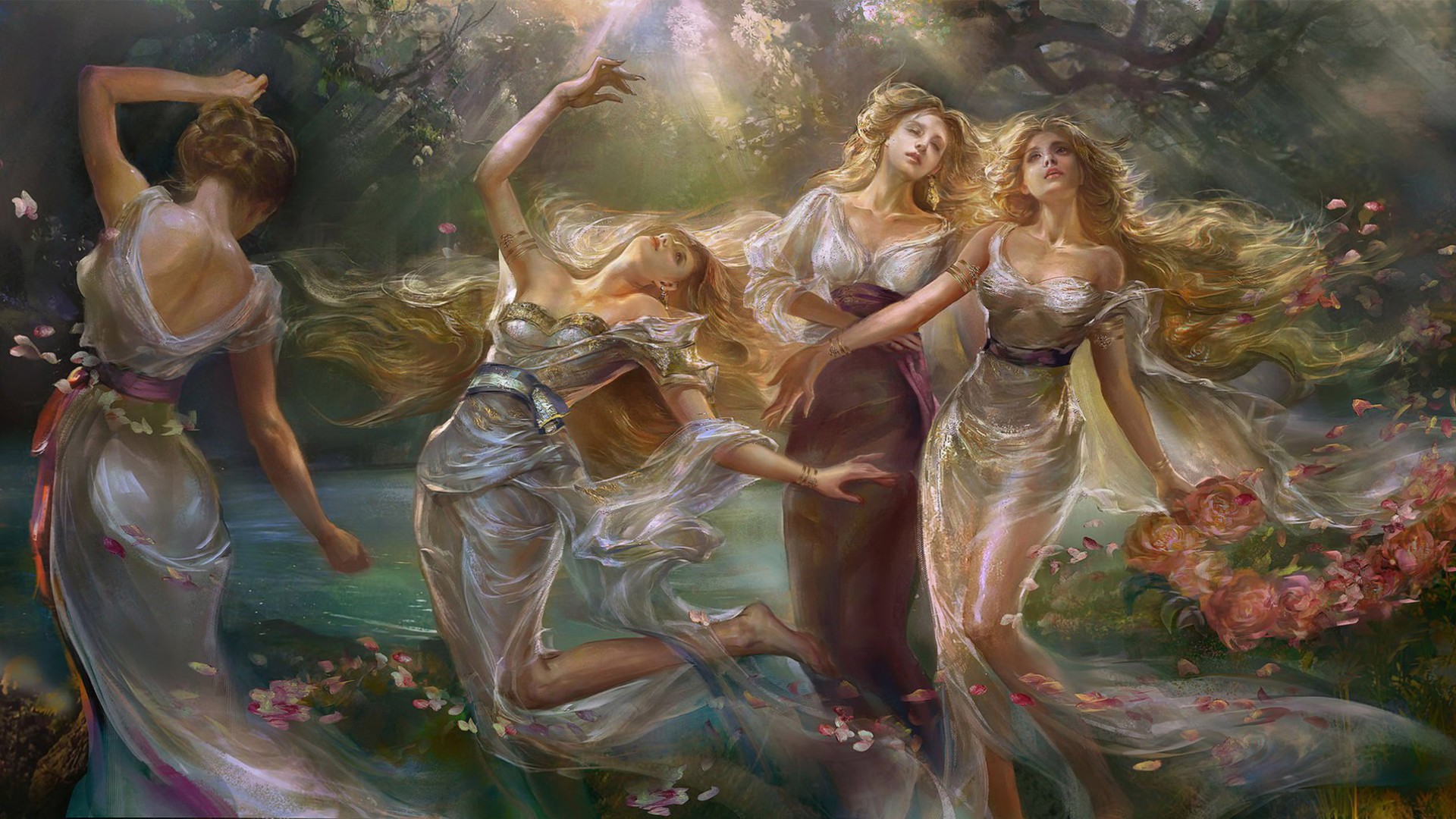 森林小溪女孩舞蹈，唯美花瓣绘画壁纸，免费下载电脑桌面背景